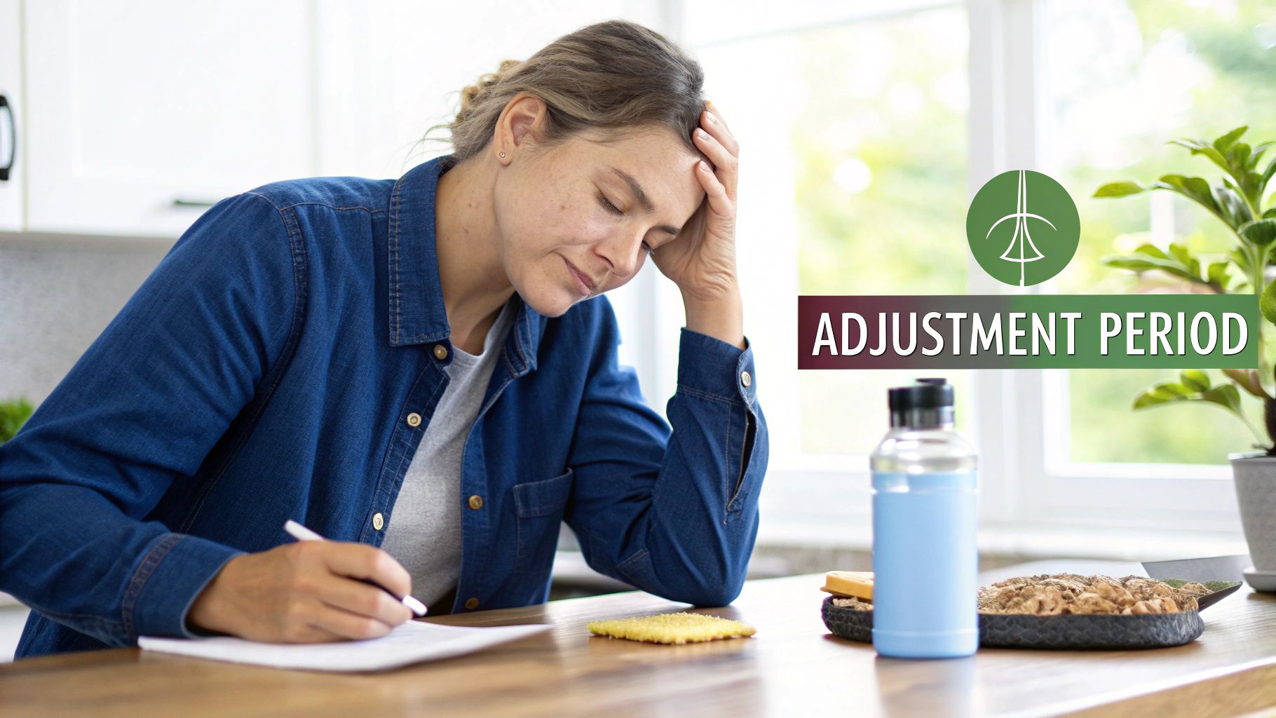 A stressed woman rests her head in her hand while writing at a table, with a water bottle nearby.