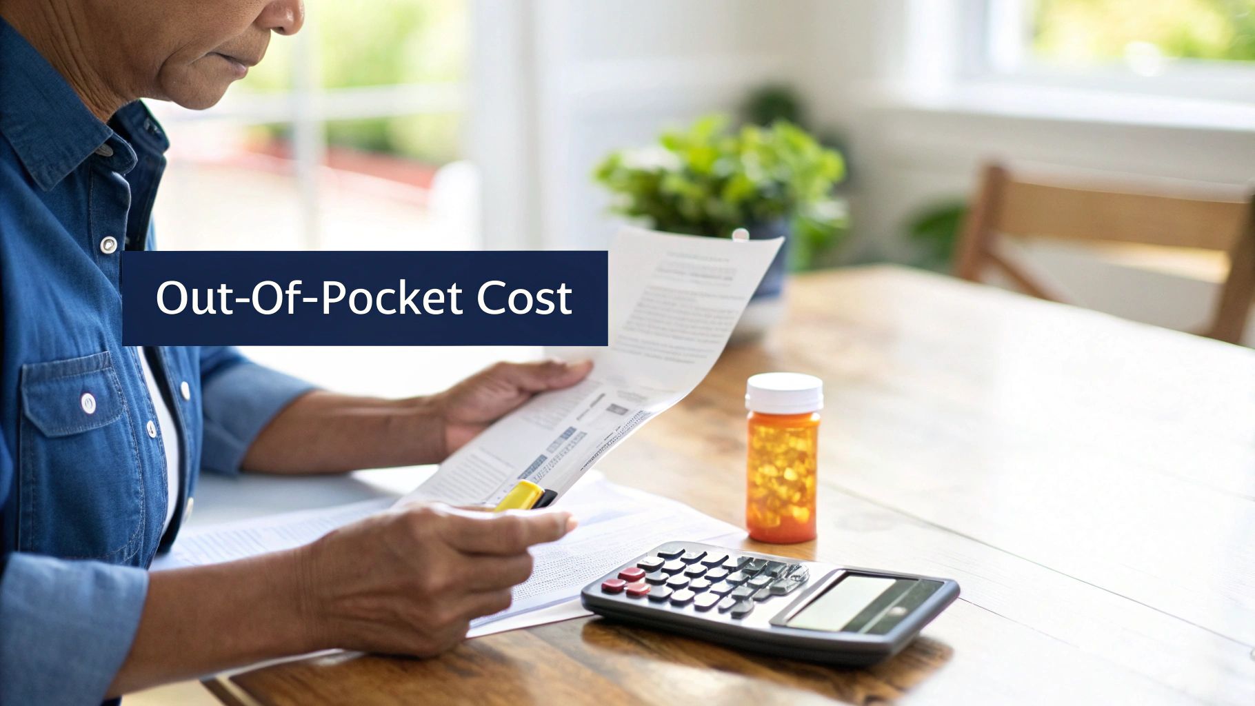 A person reviews documents labeled 'Out-Of-Pocket Cost' with a calculator and pill bottle.