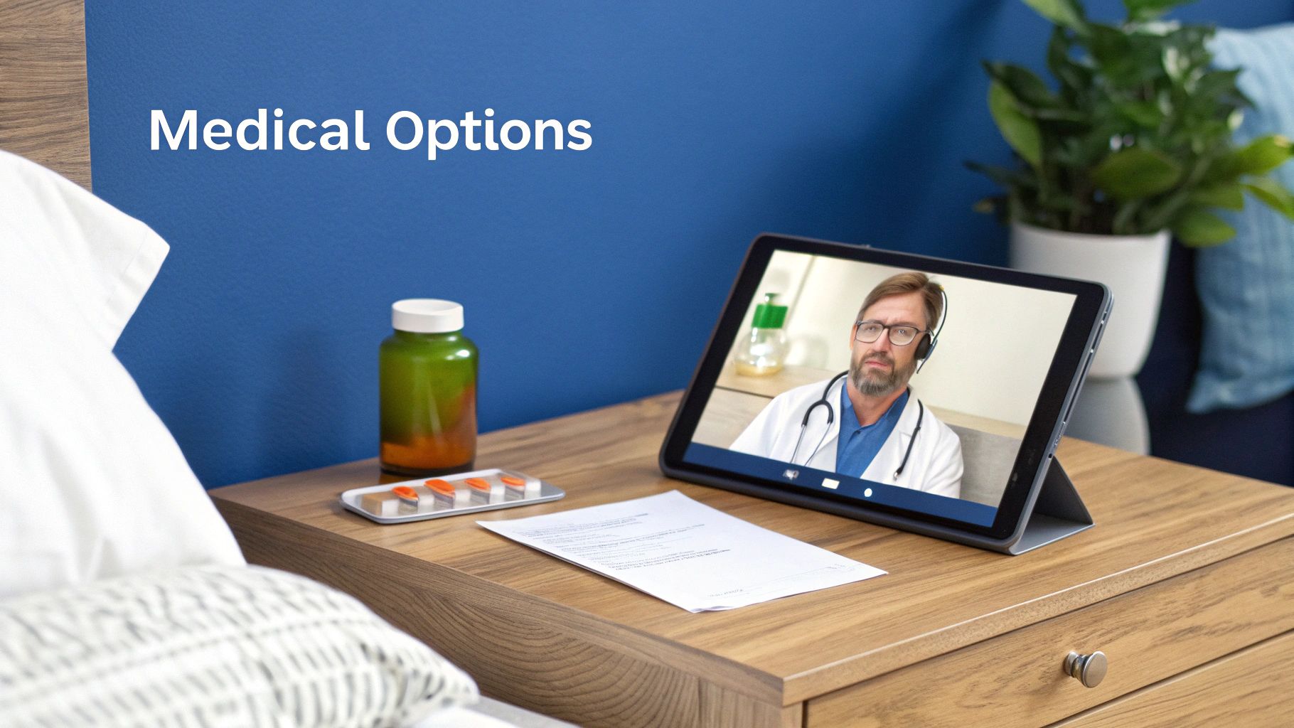 A tablet displays a telehealth consultation with a doctor, alongside pills and documents, on a nightstand.