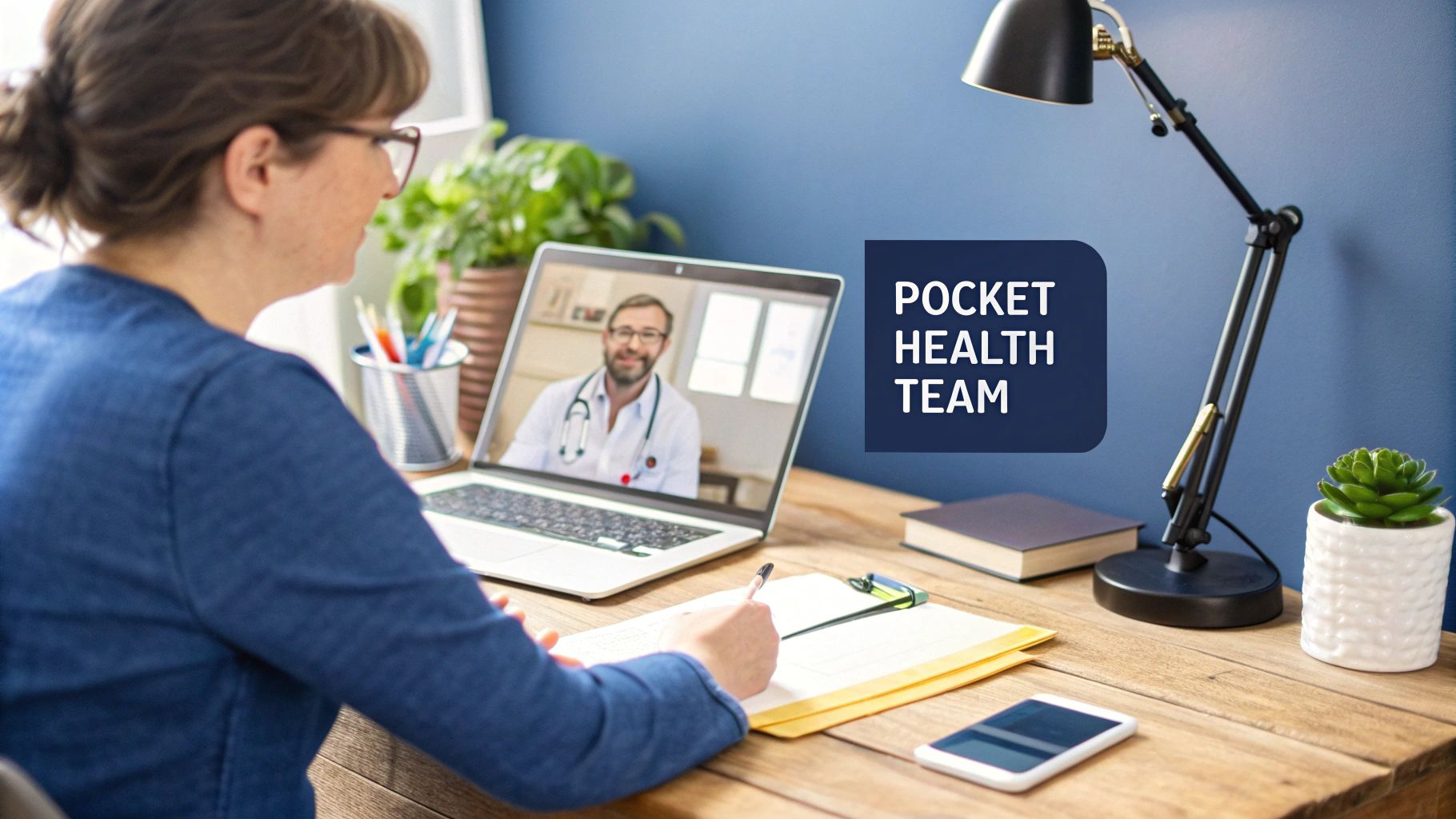 A doctor reviewing a patient's health information on a tablet during a telehealth call.