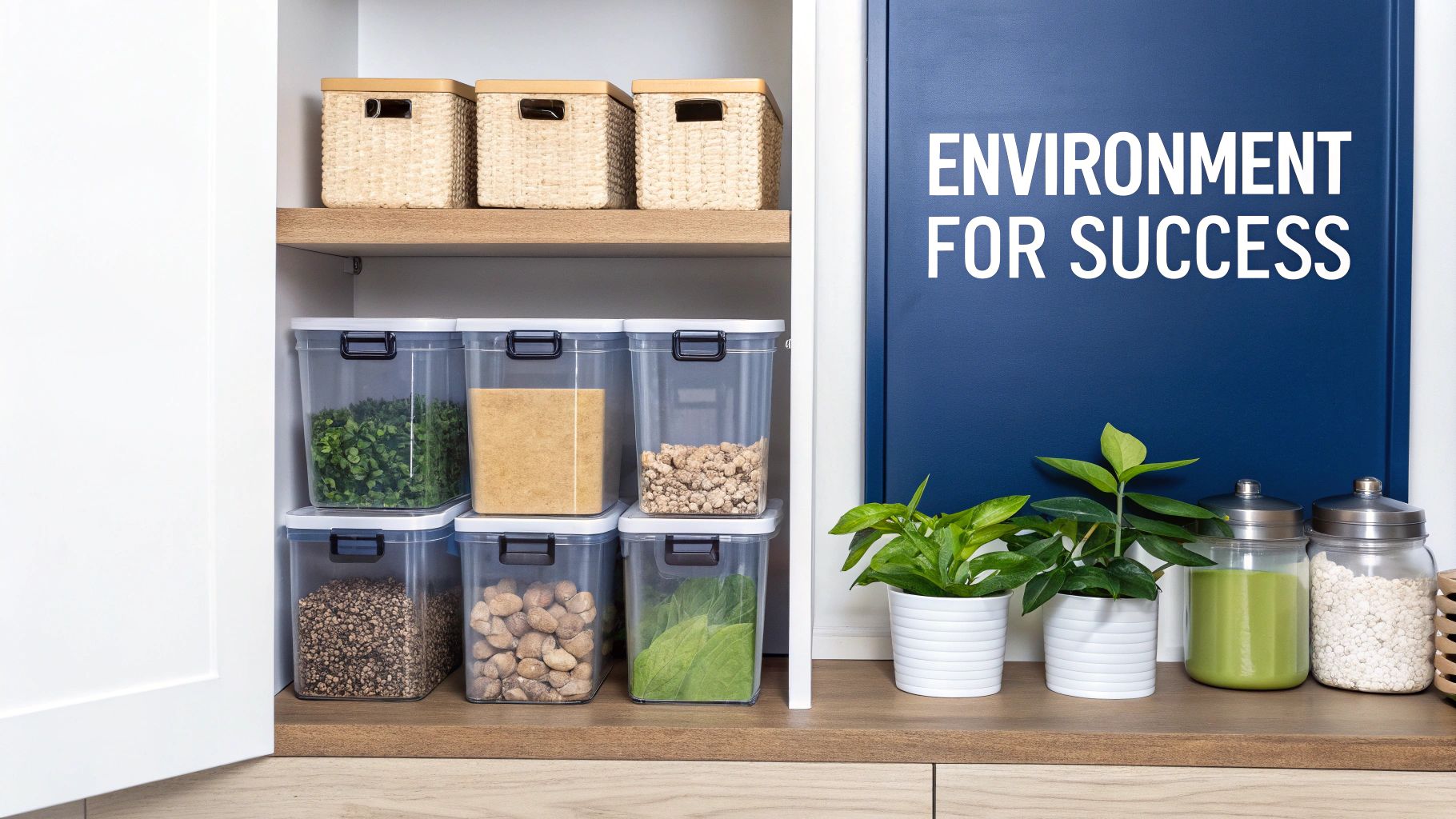 Woman organizing a healthy pantry with fresh fruits and vegetables.