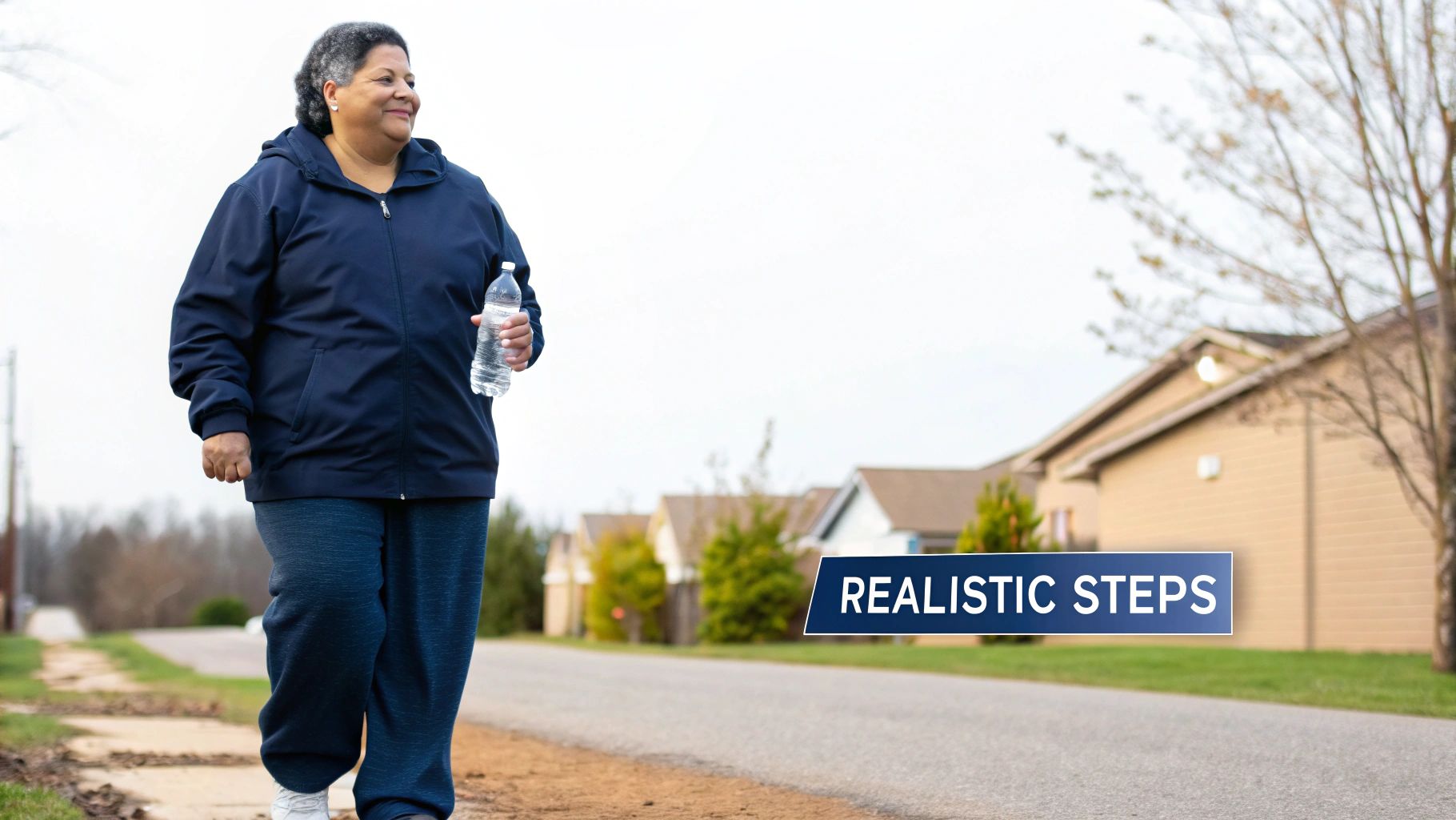A smiling woman walks outdoors, holding a water bottle, alongside houses, promoting realistic steps.