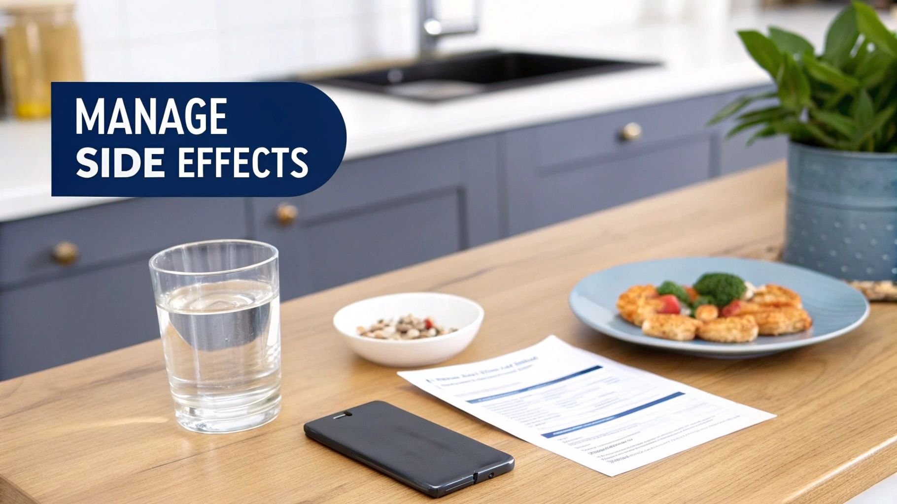 A kitchen counter scene with a glass of water, a meal, and a document, highlighting "MANAGE SIDE EFFECTS".