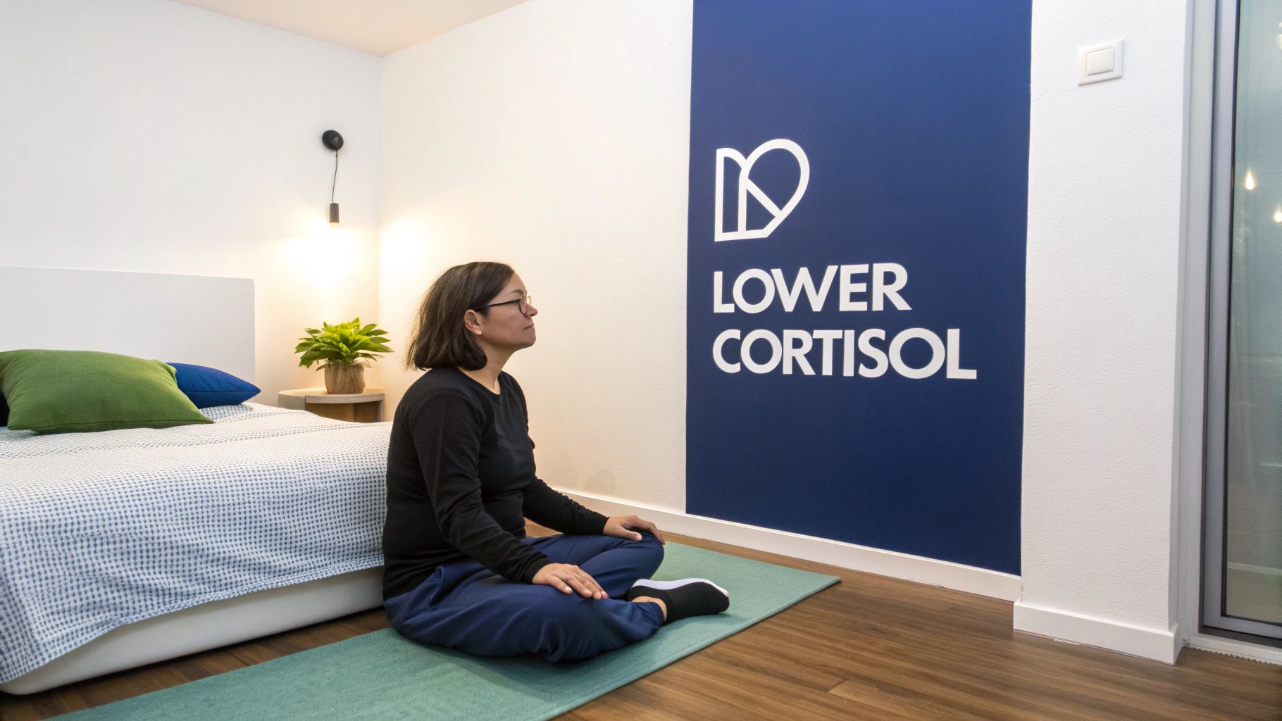 A woman meditates on a yoga mat in a bedroom with a 'Lower Cortisol' sign.