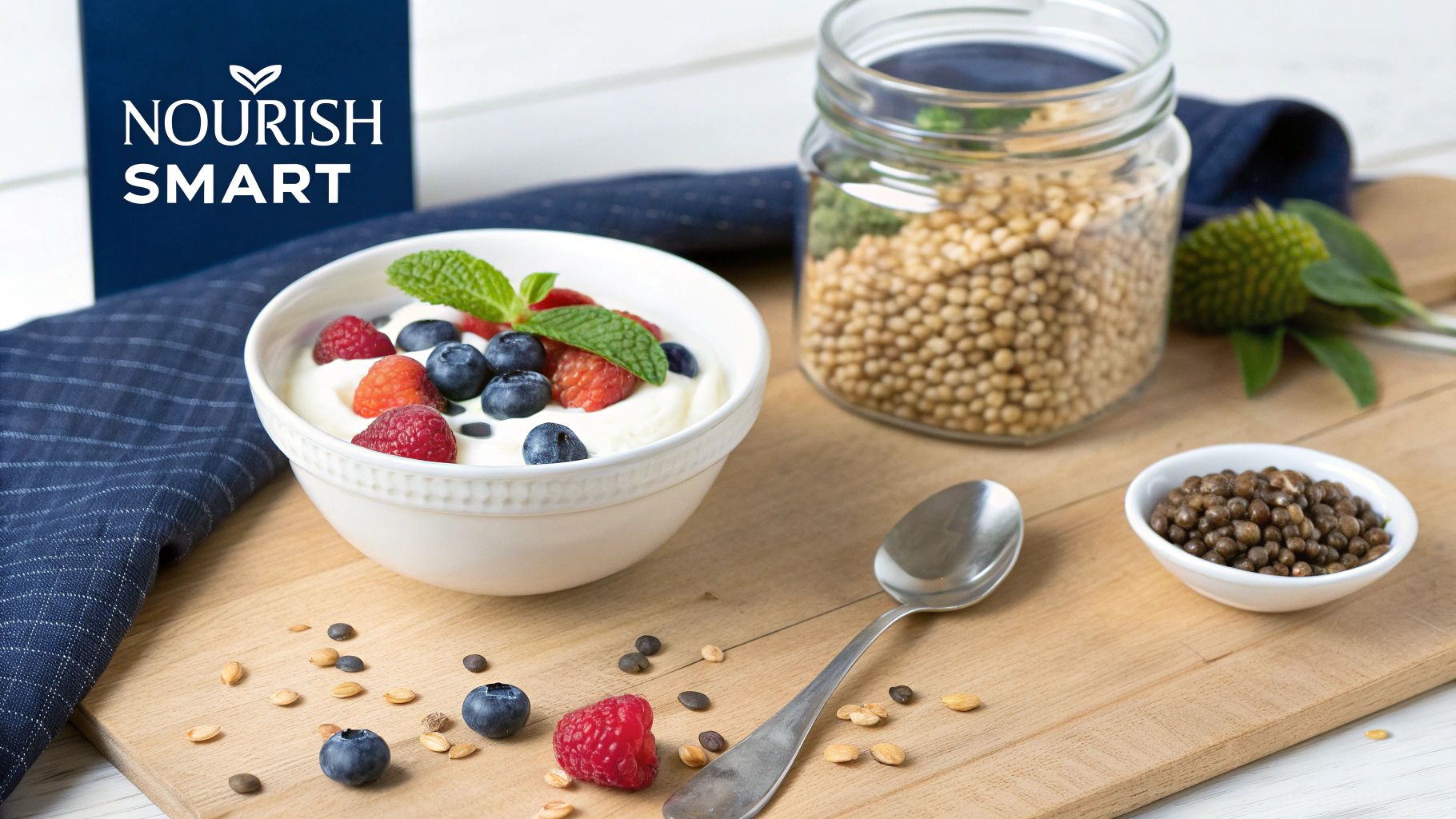 A vibrant bowl of yogurt with fresh berries and mint, surrounded by grains and lentils.