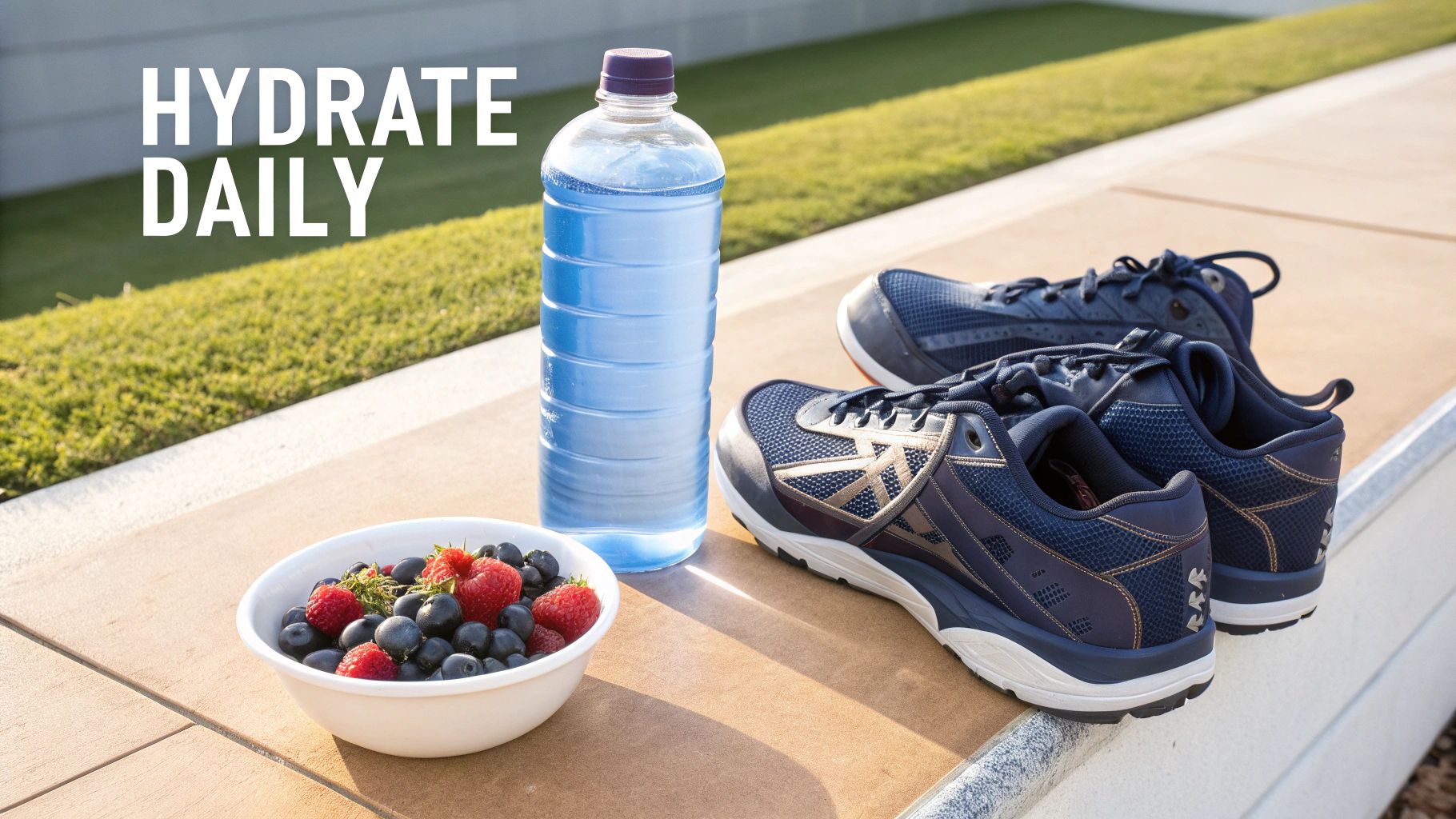 A water bottle, bowl of mixed berries, and a pair of running shoes on a sunny outdoor ledge, with text 'HYDRATE DAILY'.