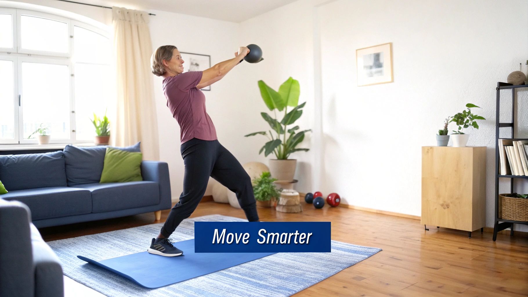 A woman in athletic wear swings a kettlebell indoors, performing a home workout on a blue mat.