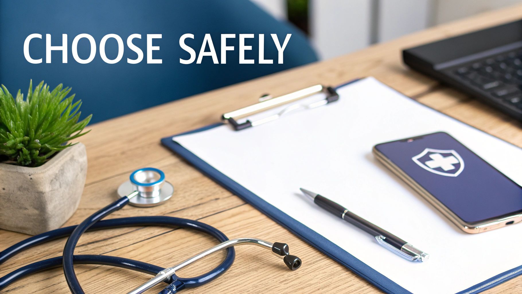 Medical desk with stethoscope, clipboard, and smartphone displaying healthcare shield icon promoting safe choices