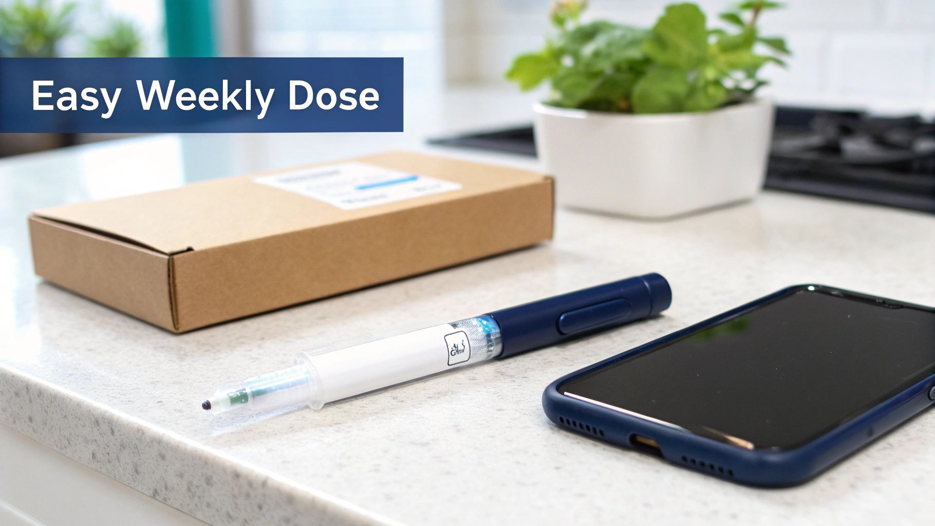 An injection pen, a cardboard box, and a smartphone on a counter, with text 'Easy Weekly Dose'.