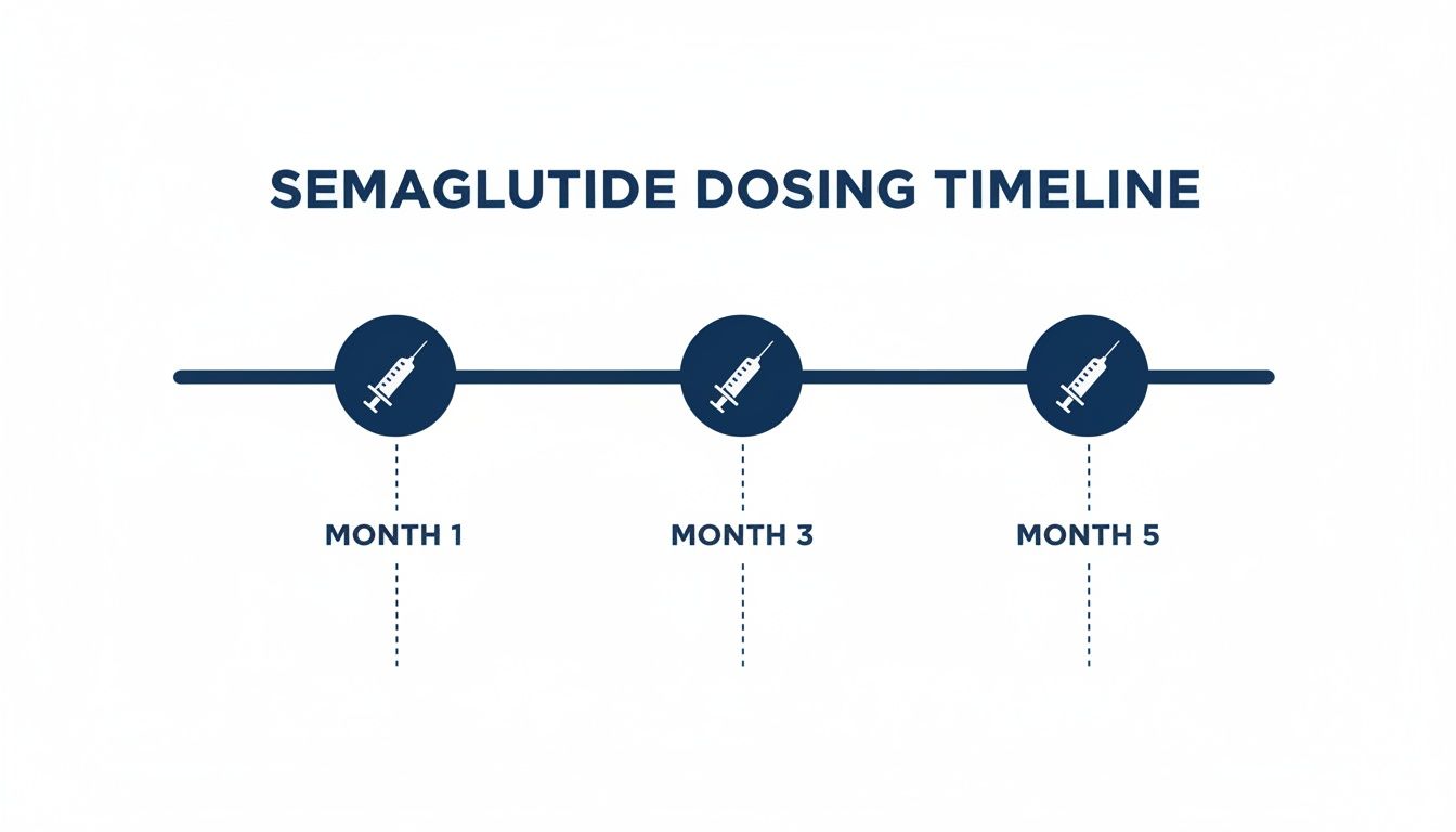 A Semaglutide dosing timeline showing injections scheduled at Month 1, Month 3, and Month 5, each with a syringe icon.