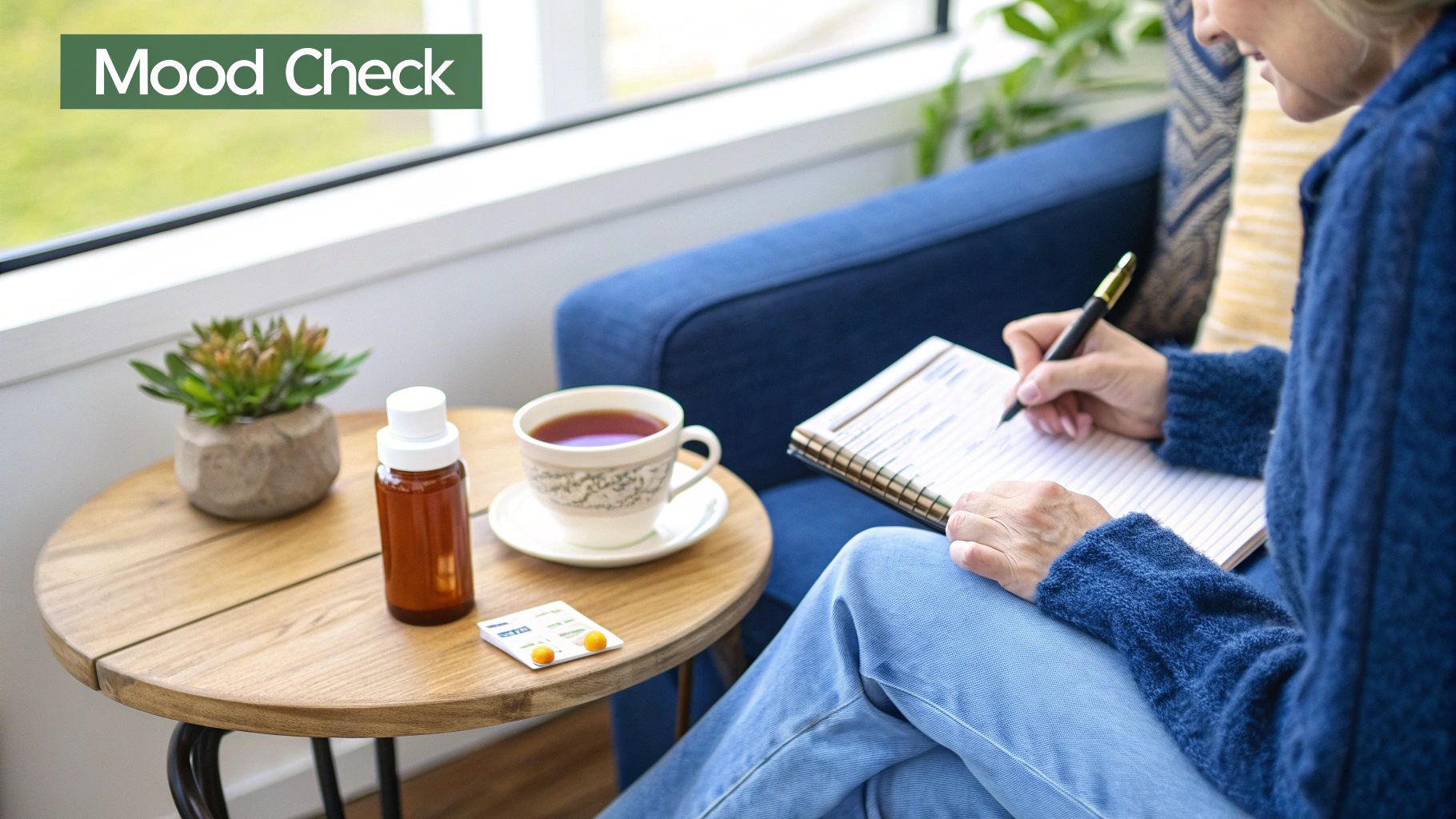 A person doing a mood check, journaling with medication, tea, and a plant nearby.