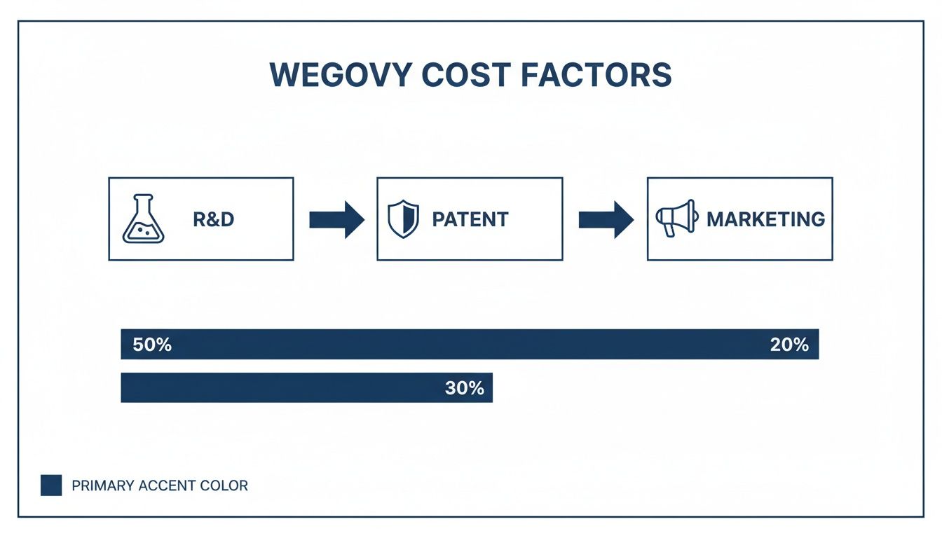 An infographic showing Wegovy cost factors: R&D accounts for 50%, Patent for 30%, and Marketing for 20%.