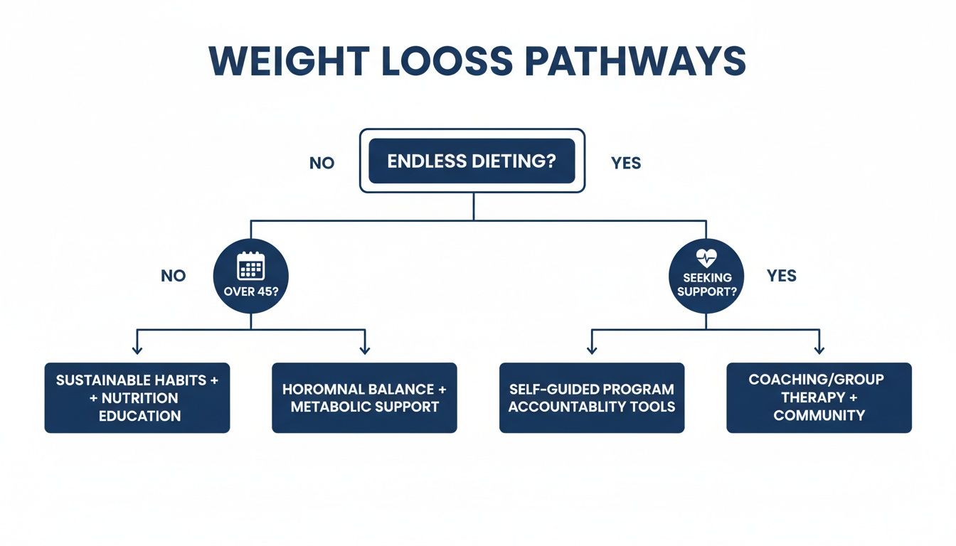 Flowchart illustrating weight loss pathways based on dieting history, age, and support needs.
