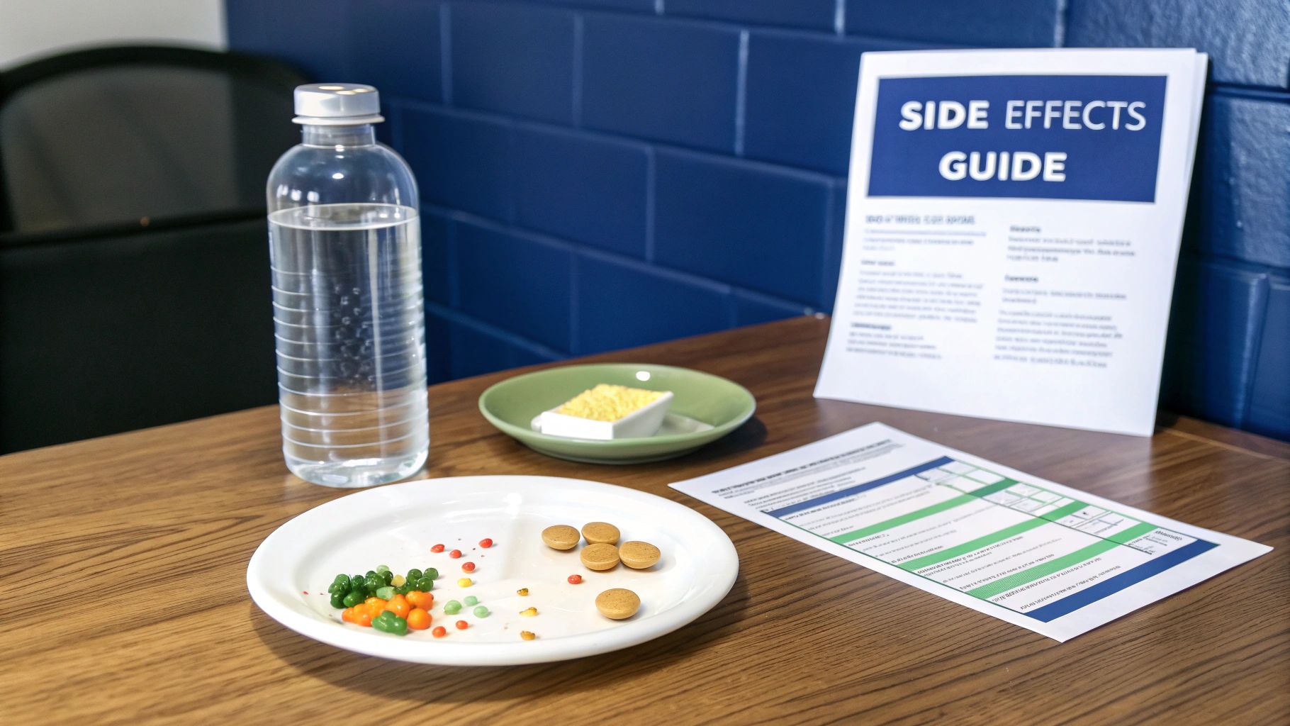 A bottle of water, various pills, and a 'Side Effects Guide' document on a wooden table.