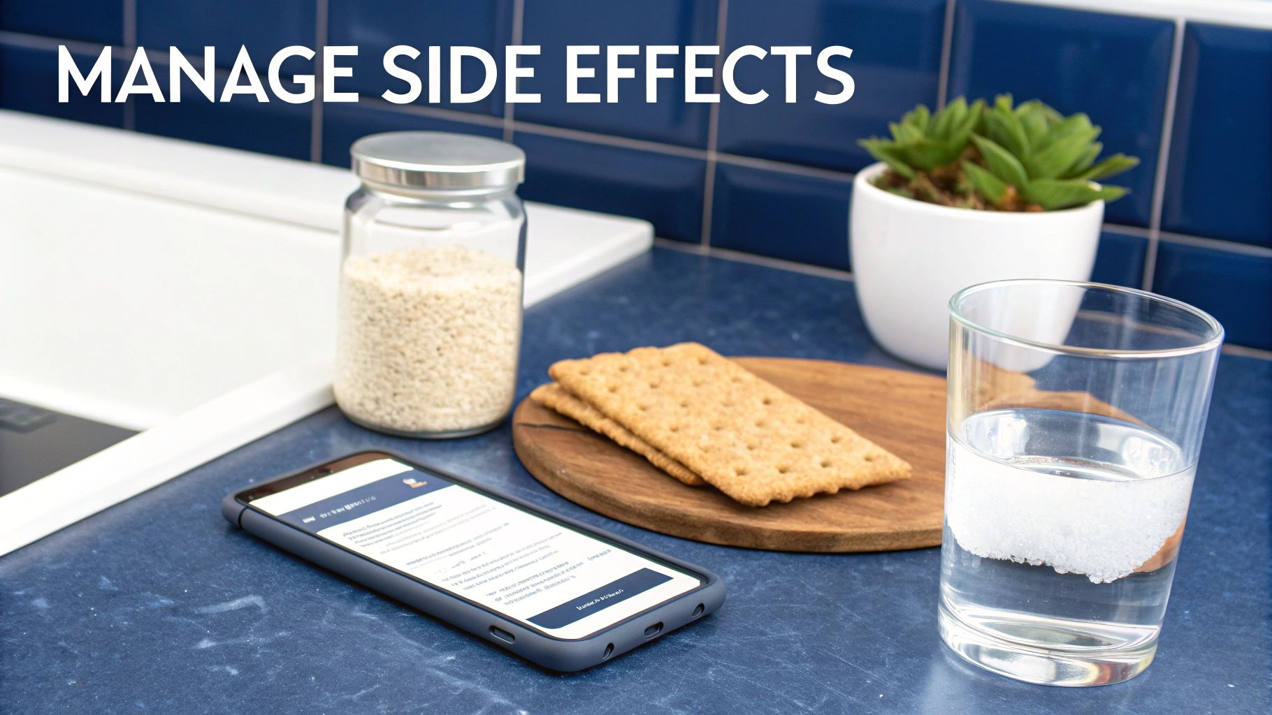 A counter with a phone, crackers, water, and text 'MANAGE SIDE EFFECTS' on a blue background.