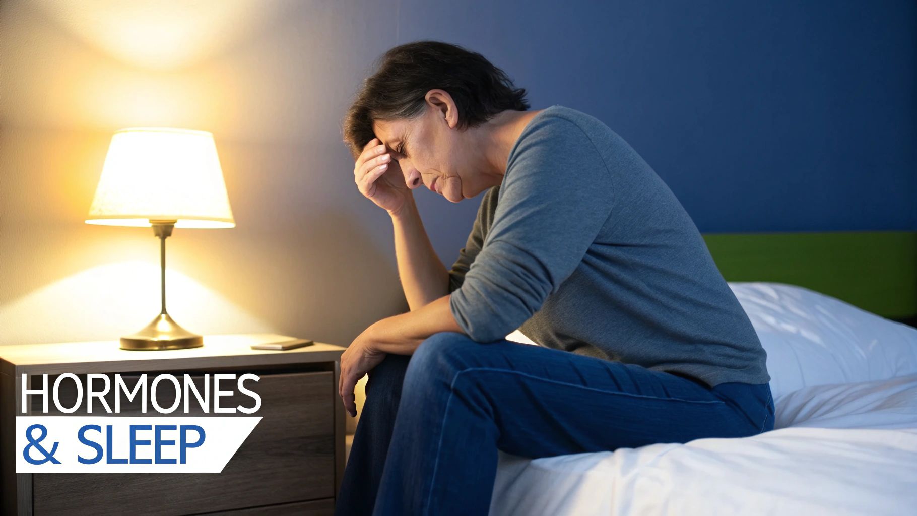 A woman sits on her bed looking distressed, holding her head, with a lamp nearby, text 'Hones & Sleep'.