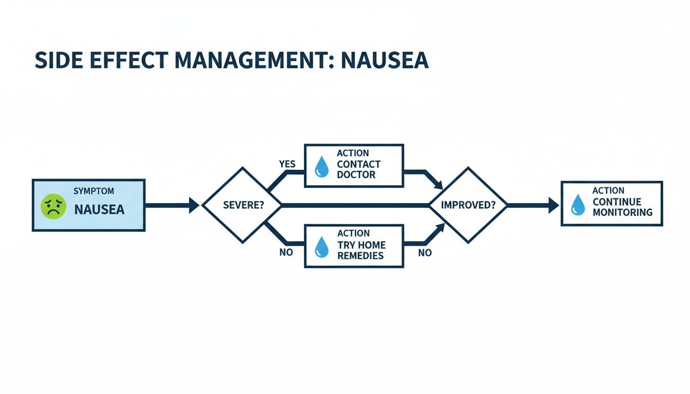 A flowchart for managing nausea side effects, detailing steps to contact a doctor, try home remedies, and monitor.