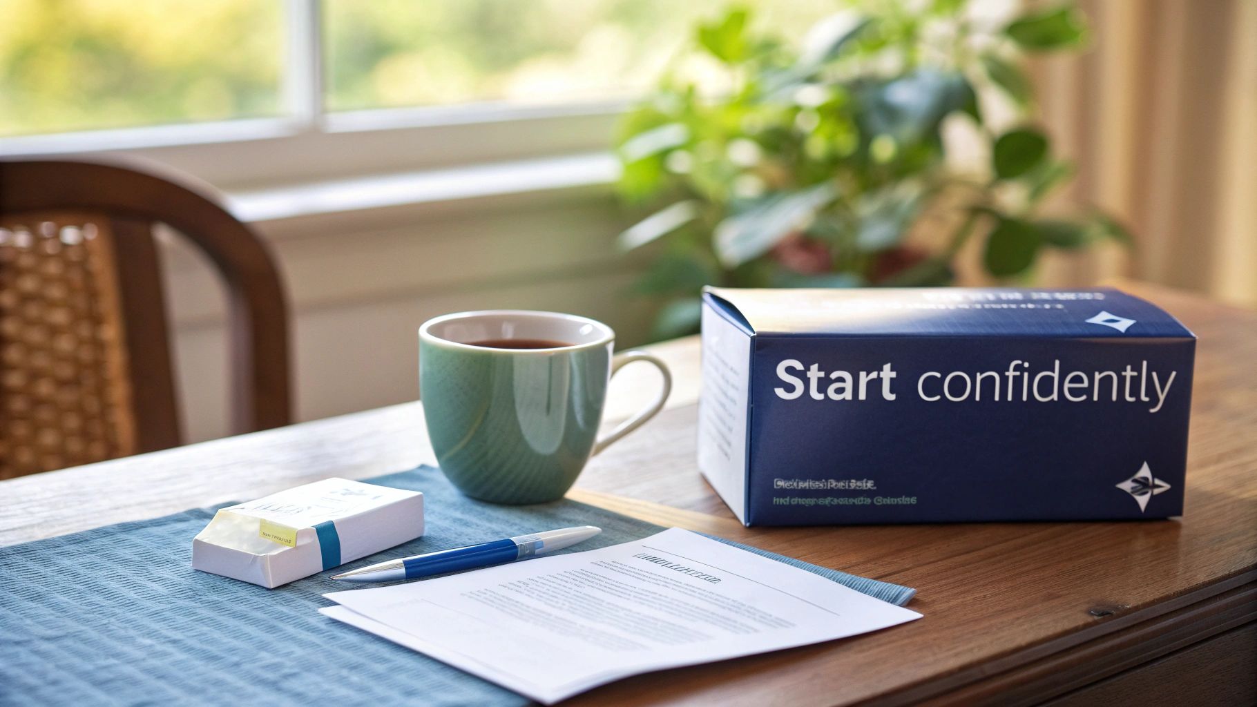 A blue box stating 'Start confidently' on a table with a coffee mug, pen, and document.