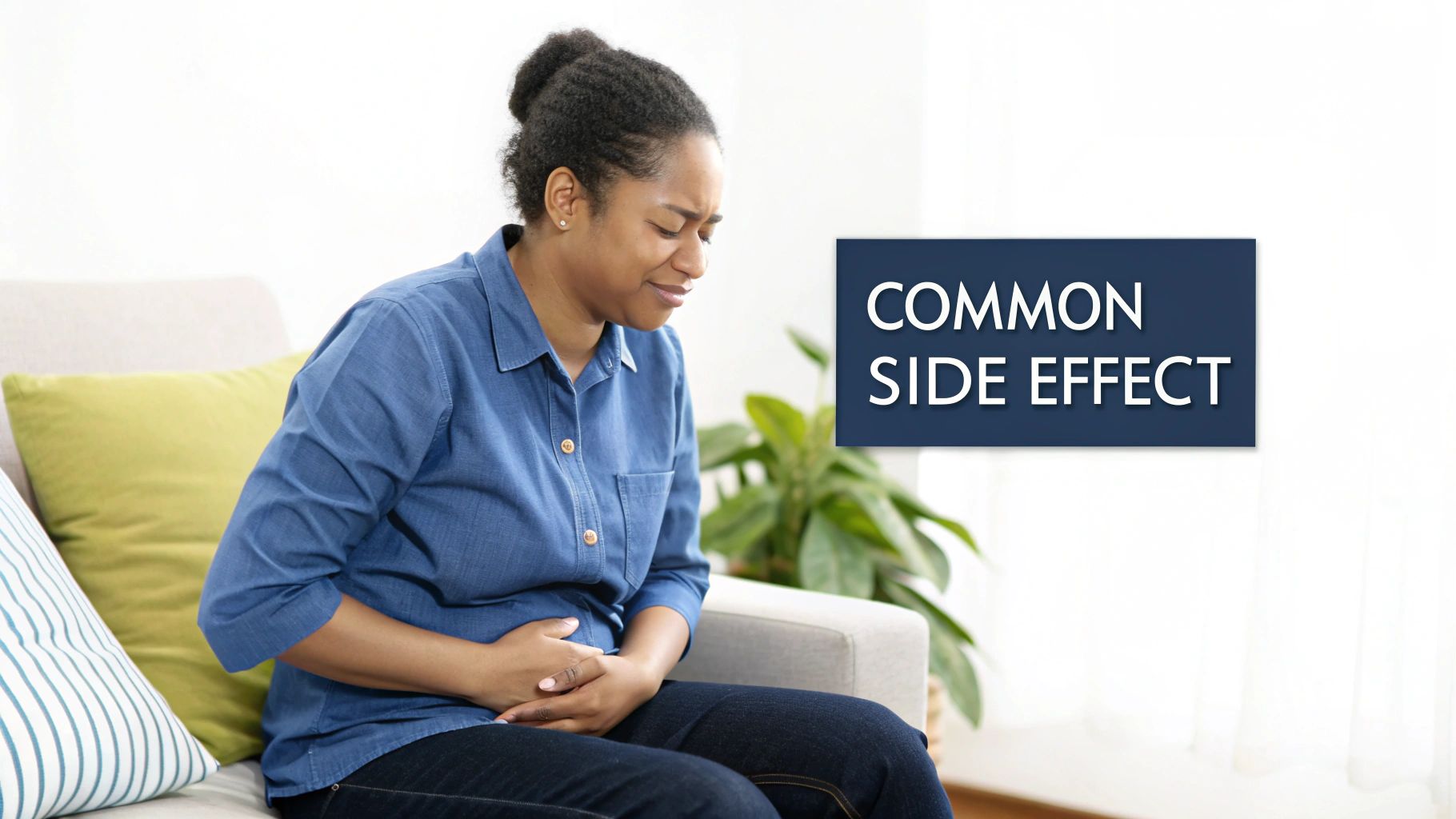 A woman sits on a couch holding her stomach, appearing distressed, with text 'COMMON SIDE EFFECT'.