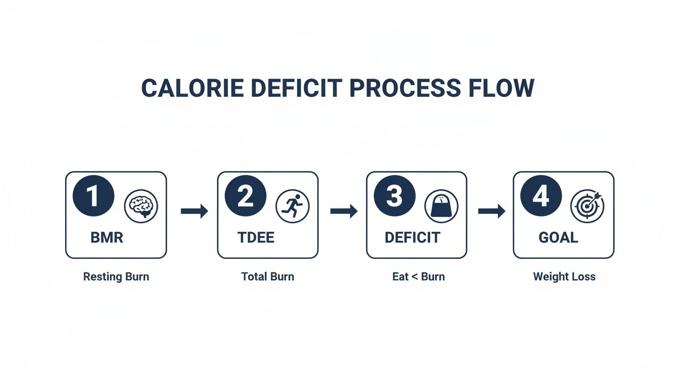 Flowchart illustrating the four-step calorie deficit process from resting burn to weight loss.