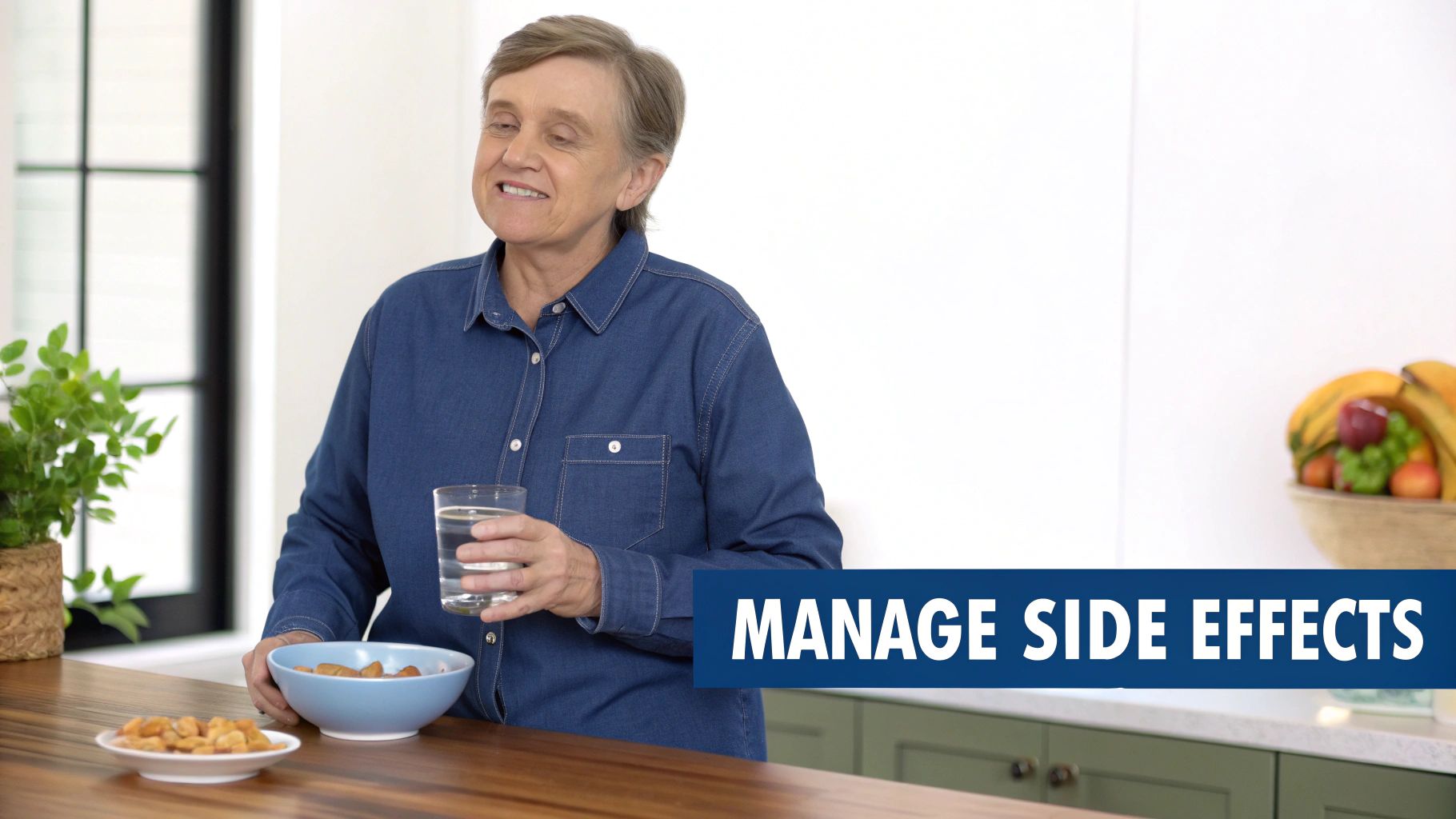 Smiling person holding water and snacks, with text 'MANAGE SIDE EFFECTS' on a blue banner.