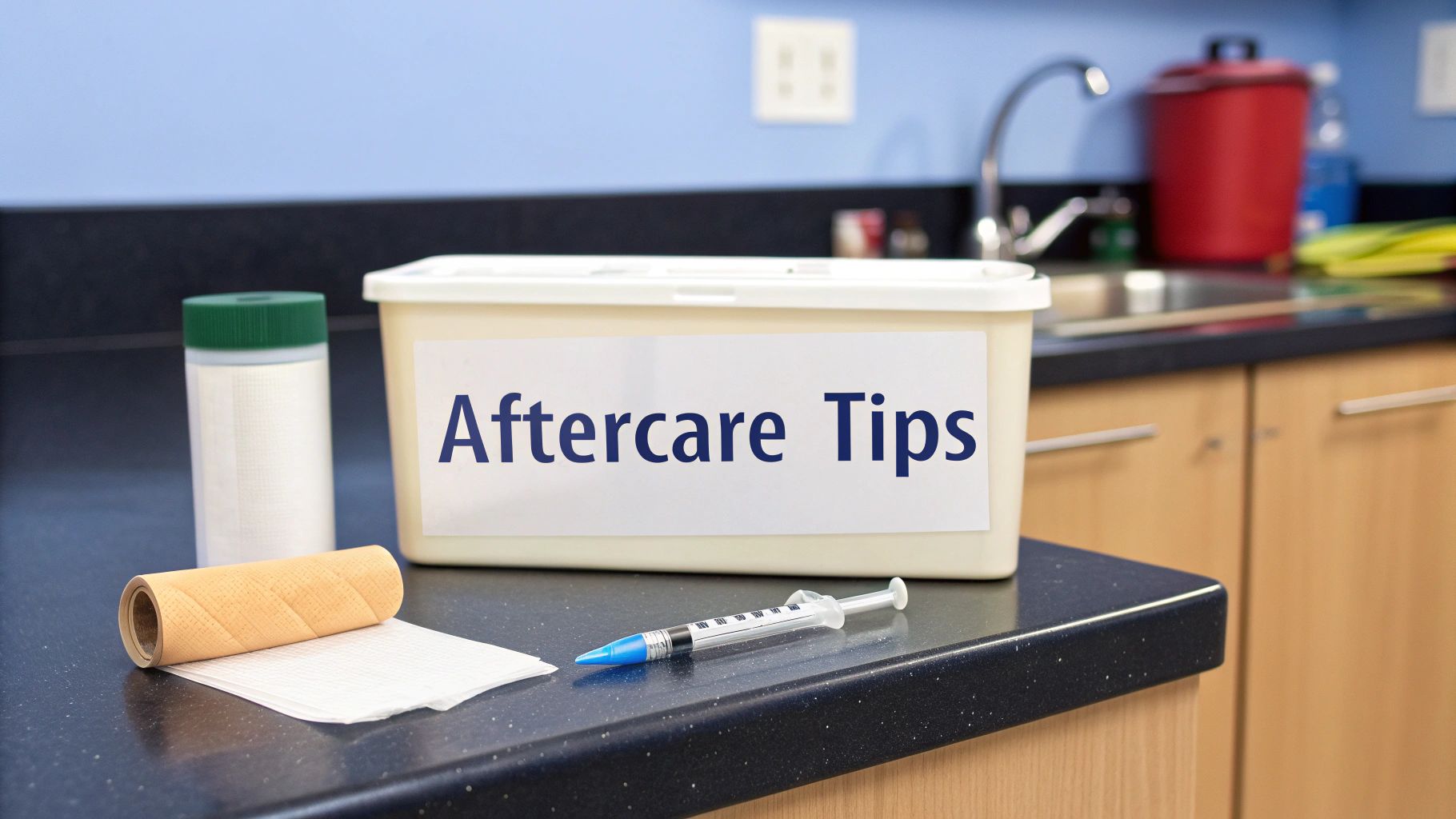 Medical supplies for aftercare, including a syringe, bandage, and container labeled 'Aftercare Tips', on a clinic counter.