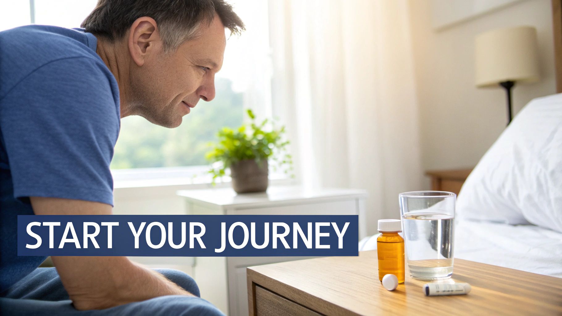 A man contemplates a pill bottle, water, and medical device on a bedside table, starting a health journey.