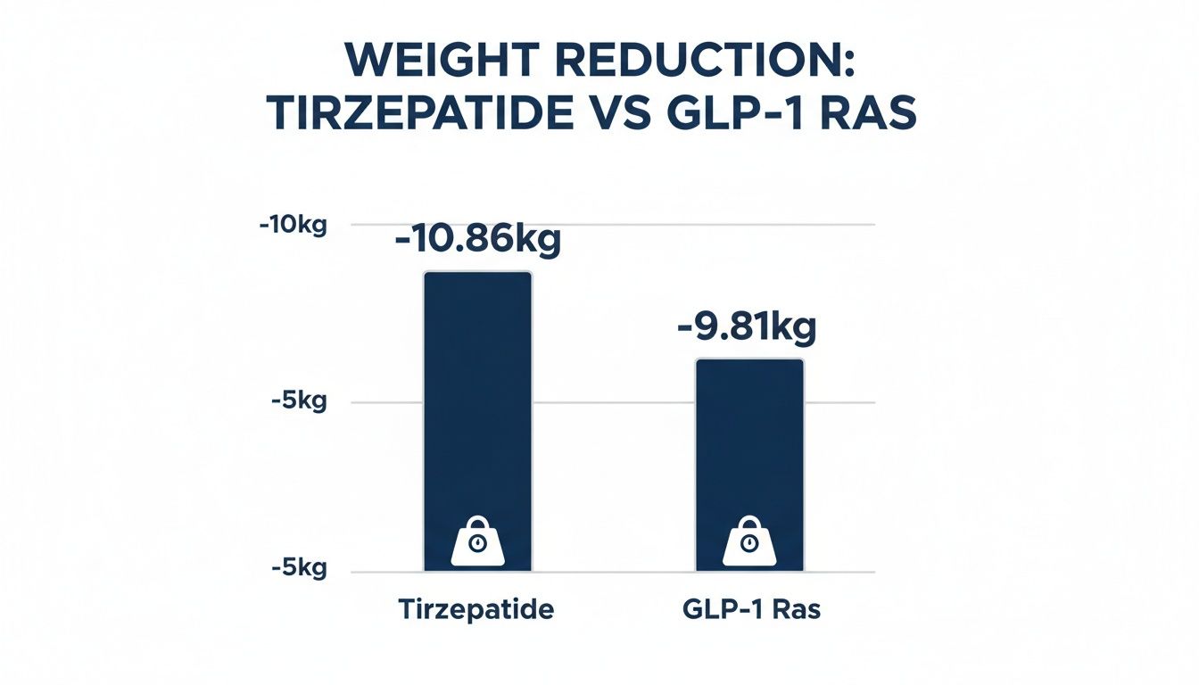 Bar chart comparing weight reduction between Tirzepatide (-10.86kg) and GLP-1 Ras (-9.81kg), with Tirzepatide showing greater reduction.