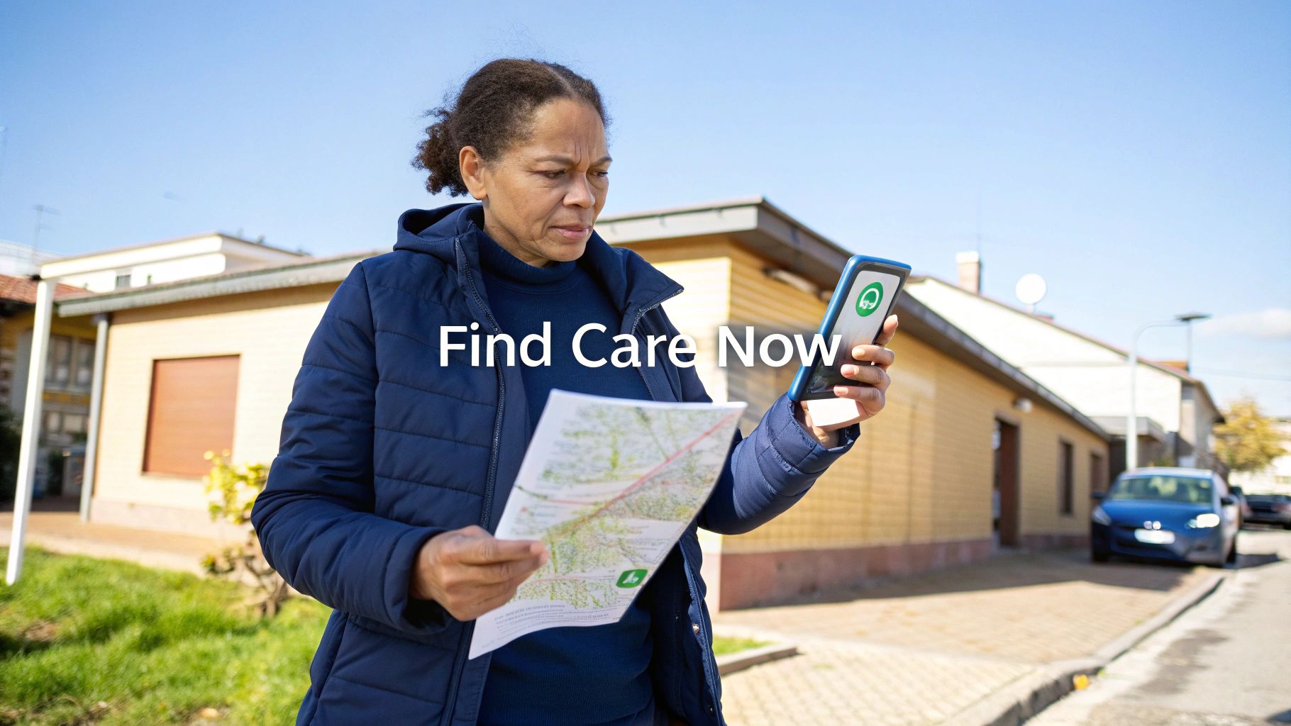 A woman outdoors using a smartphone healthcare app and a paper map to find care.