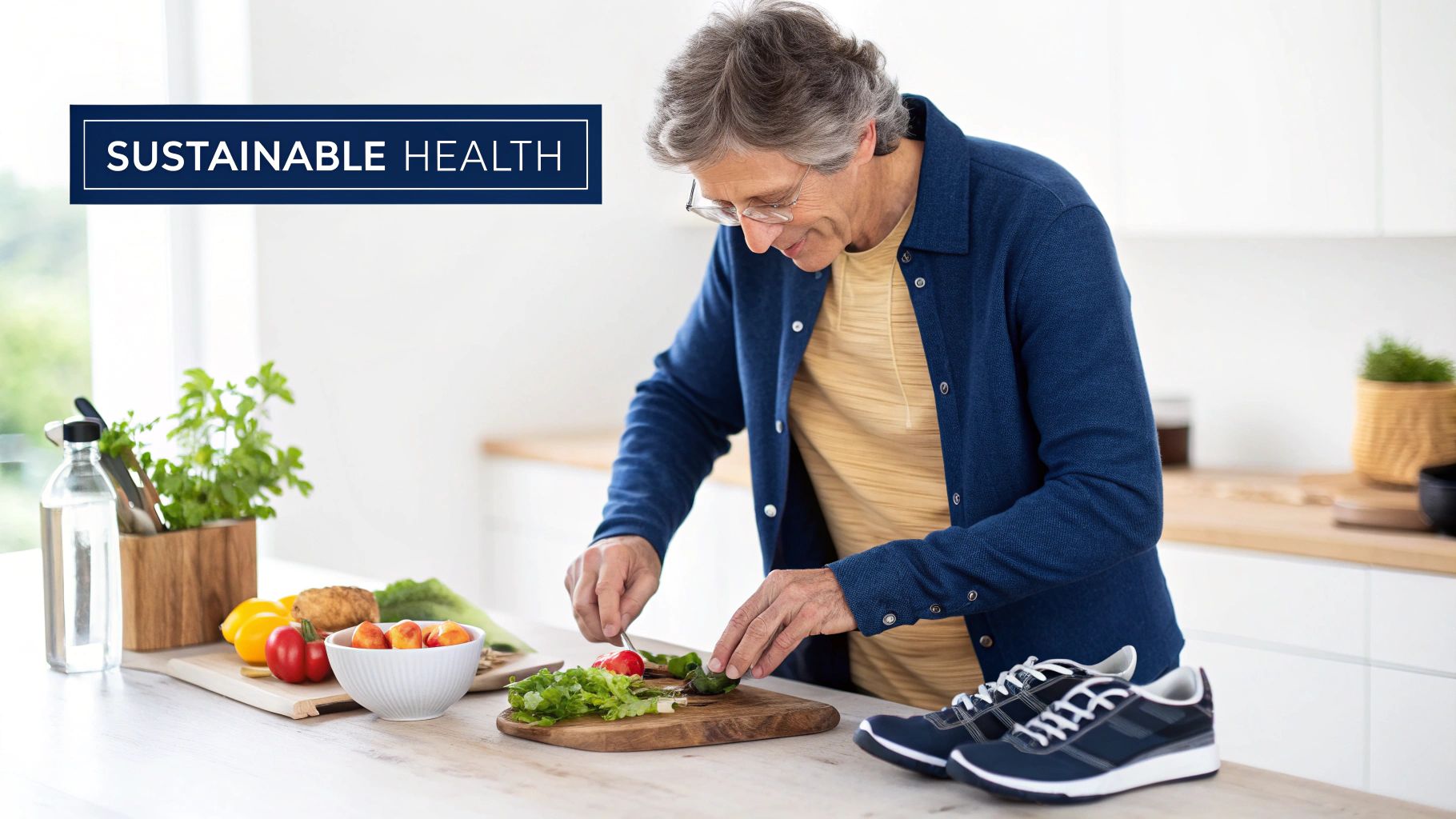 Smiling senior man preparing a healthy meal with fresh vegetables in a bright kitchen.