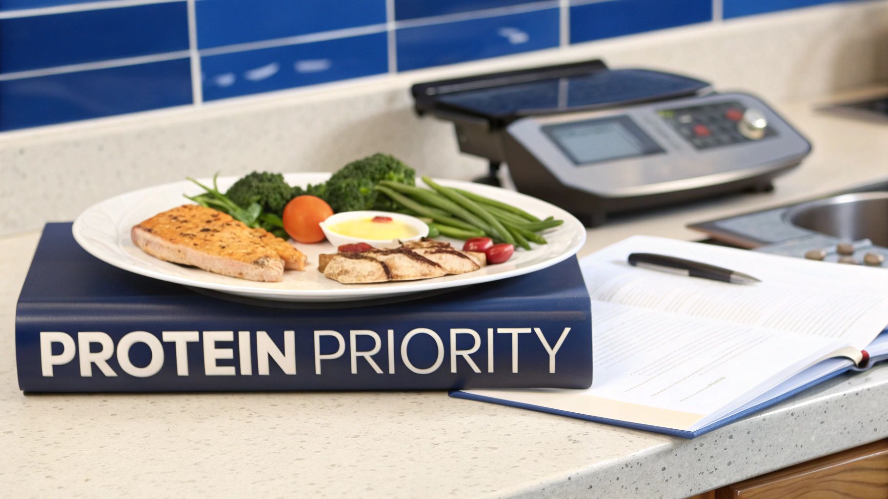 A healthy plate with grilled fish and vegetables on a 'PROTEIN PRIORITY' book, with a food scale and journal.