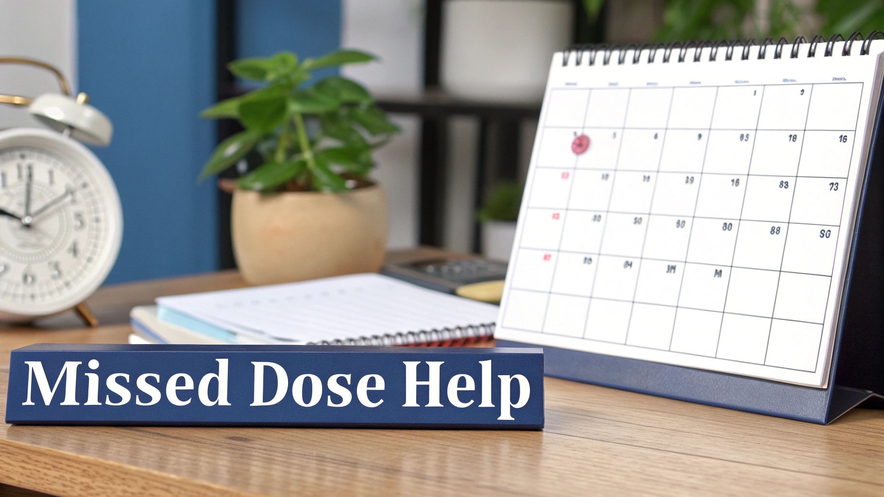 A calendar with a weekly schedule marked on it, next to an injection pen.