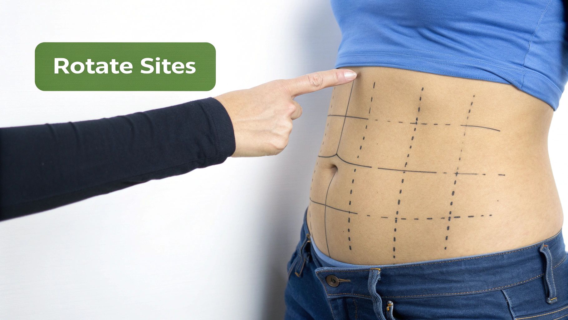 A hand points to a grid-marked abdomen for rotating injection sites, with text overlay 'Rotate Sites'.