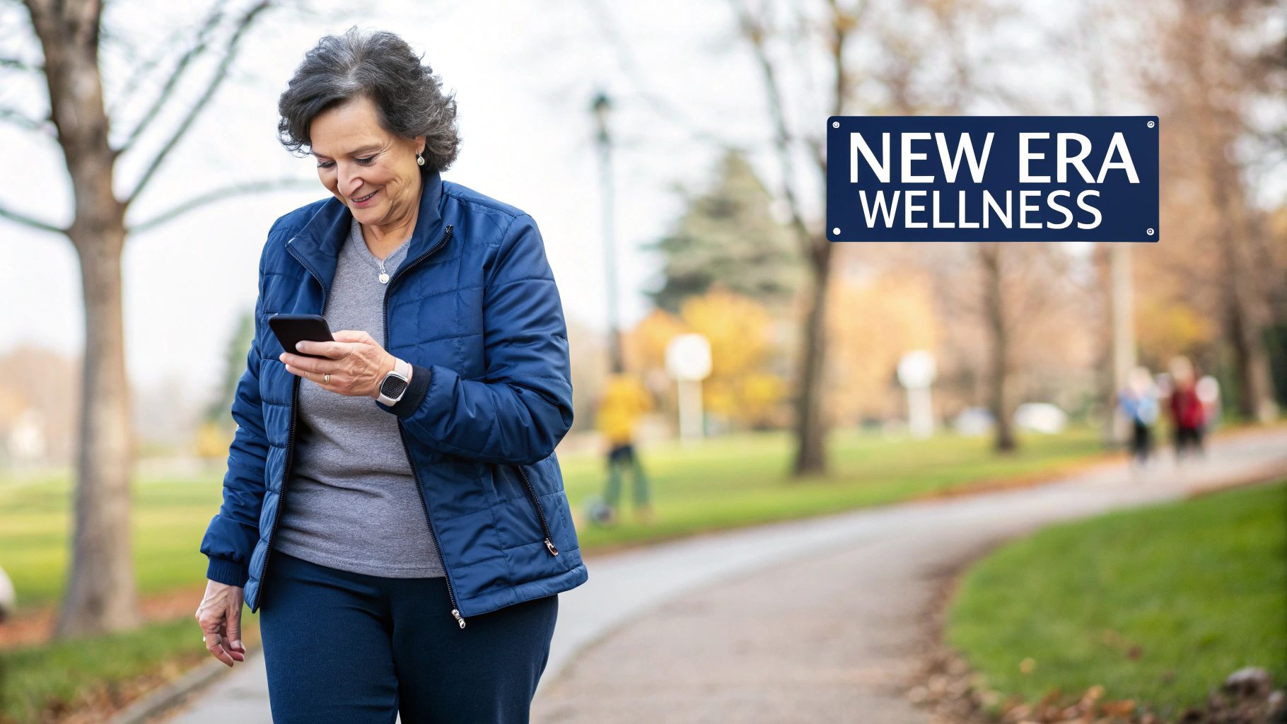 Smiling senior woman in a blue jacket using her phone and smartwatch while walking outdoors.