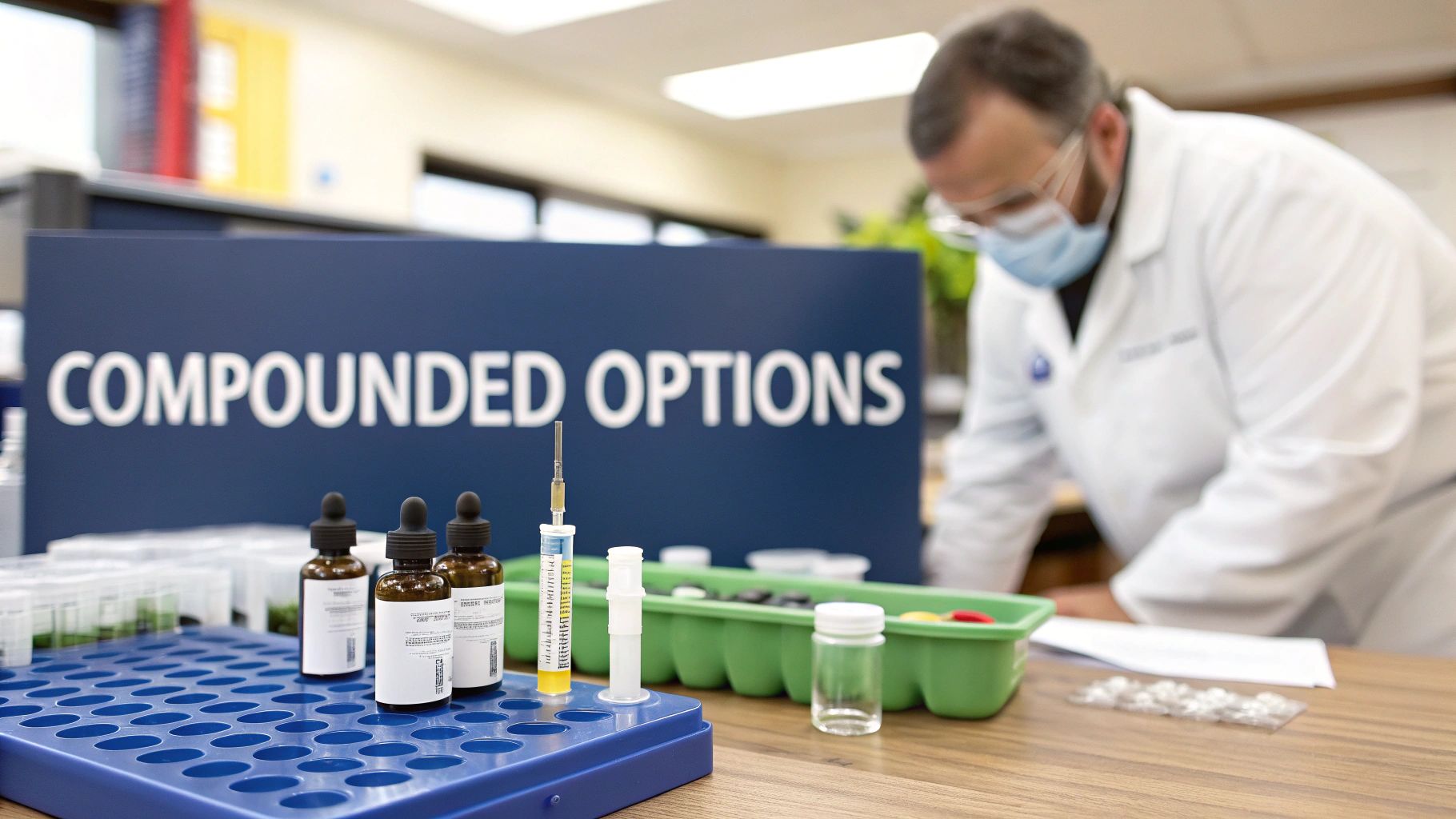 Pharmacist carefully preparing a compounded medication in a sterile lab environment.