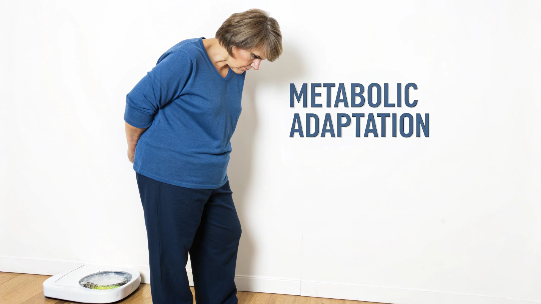 A woman looks down at a weighing scale next to text 'Metabolic Adaptation' on the wall.
