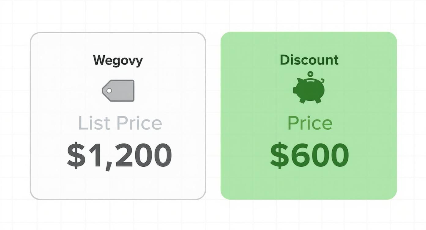 A visual comparison showing Wegovy's list price of $1,200 versus a discounted price of $600.