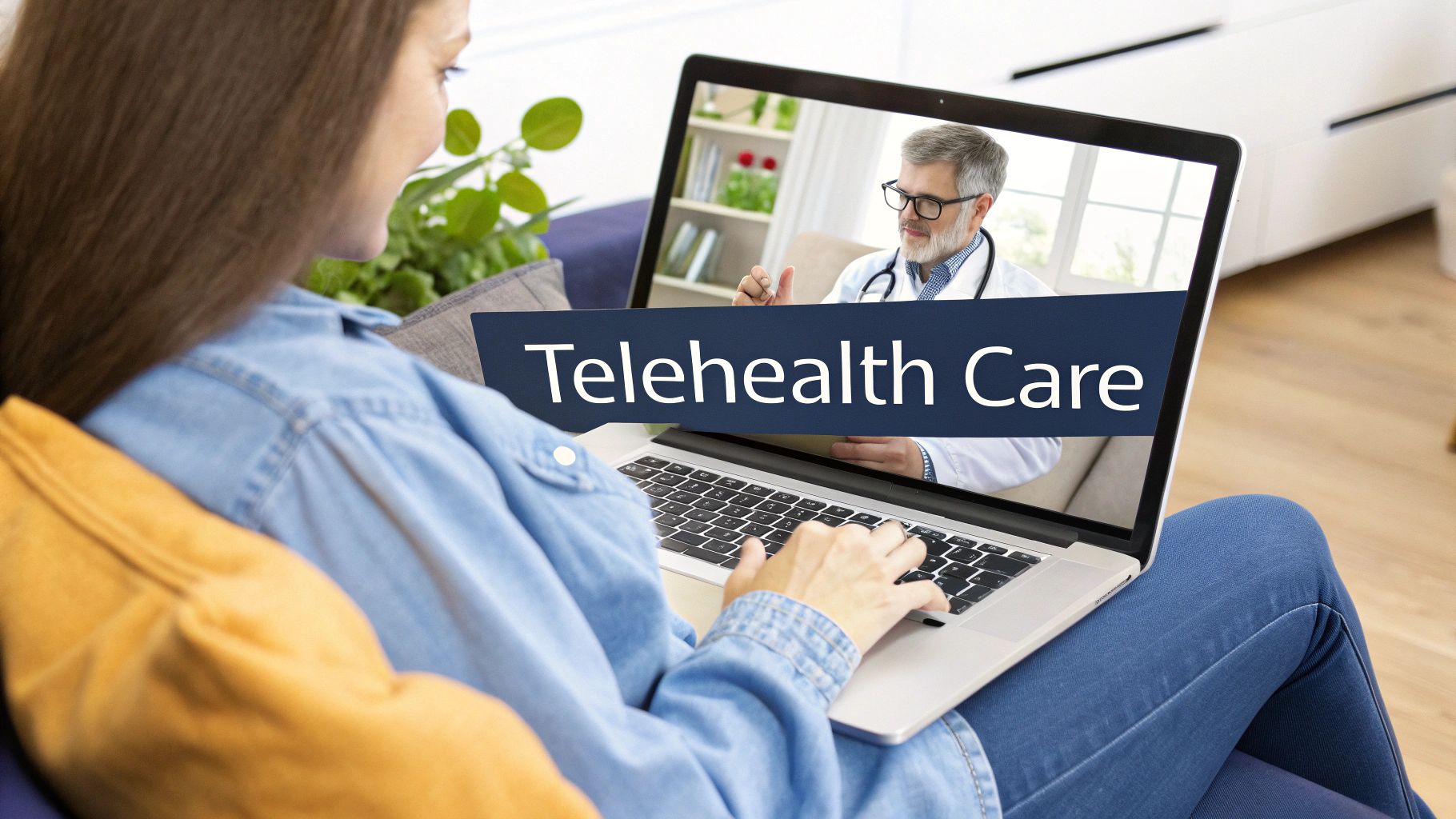 A woman on a couch uses a laptop for a telehealth video call with a doctor.