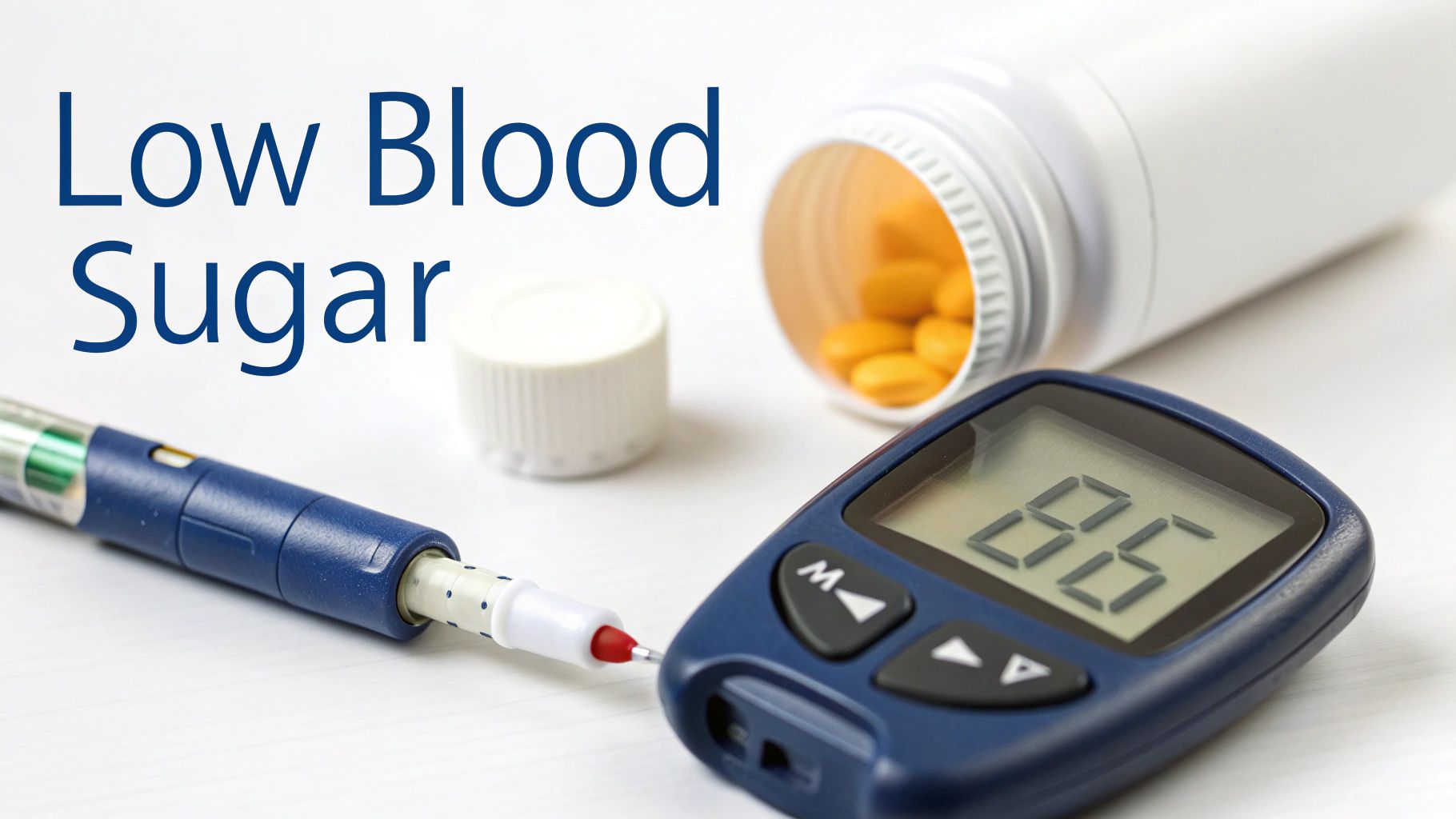 A blood glucose meter displaying 86, an insulin pen, and pills, with 'Low Blood Sugar' text.