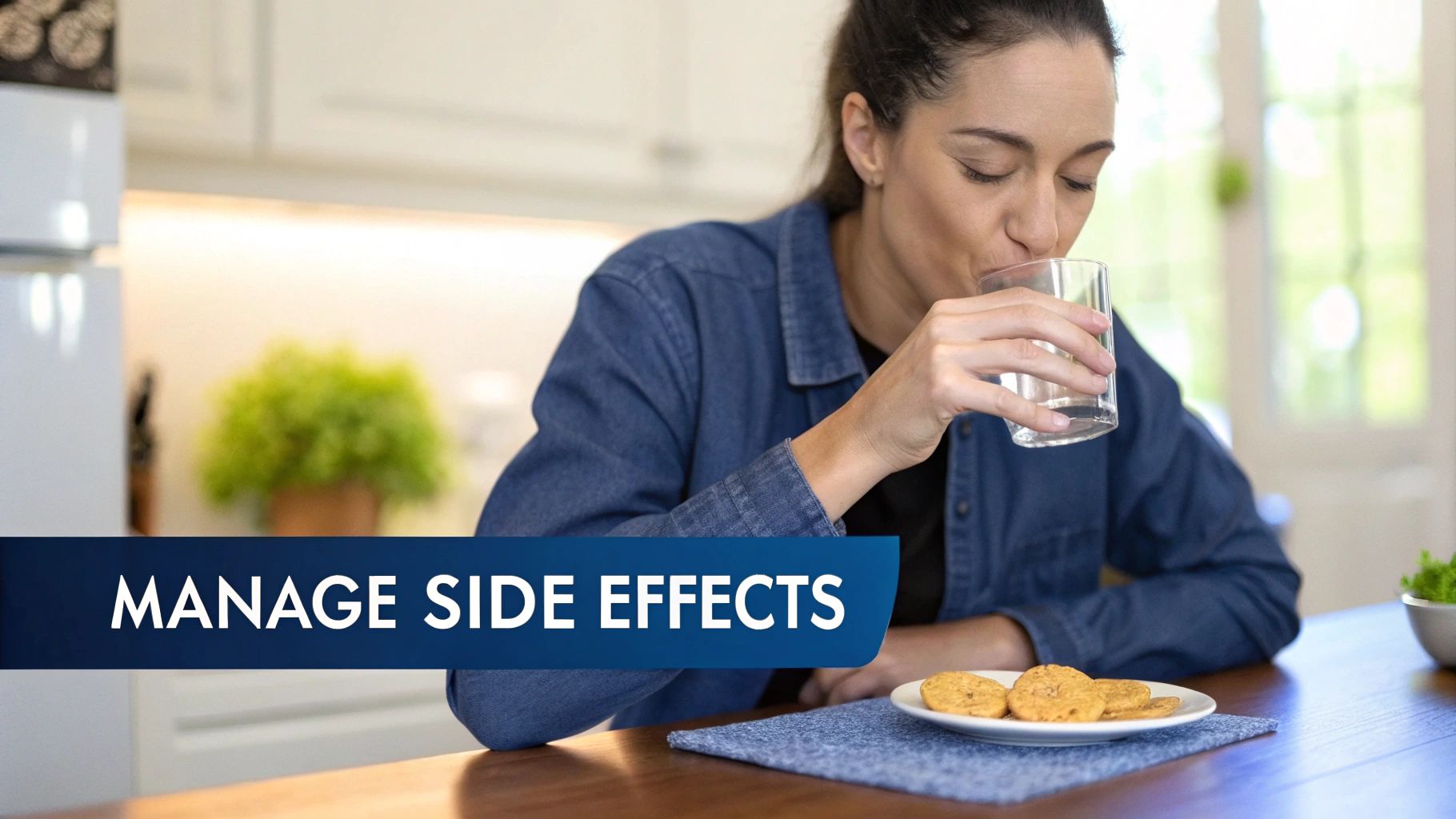 Woman sips water and rests, a plate of cookies nearby, with 'MANAGE SIDE EFFECTS' banner.