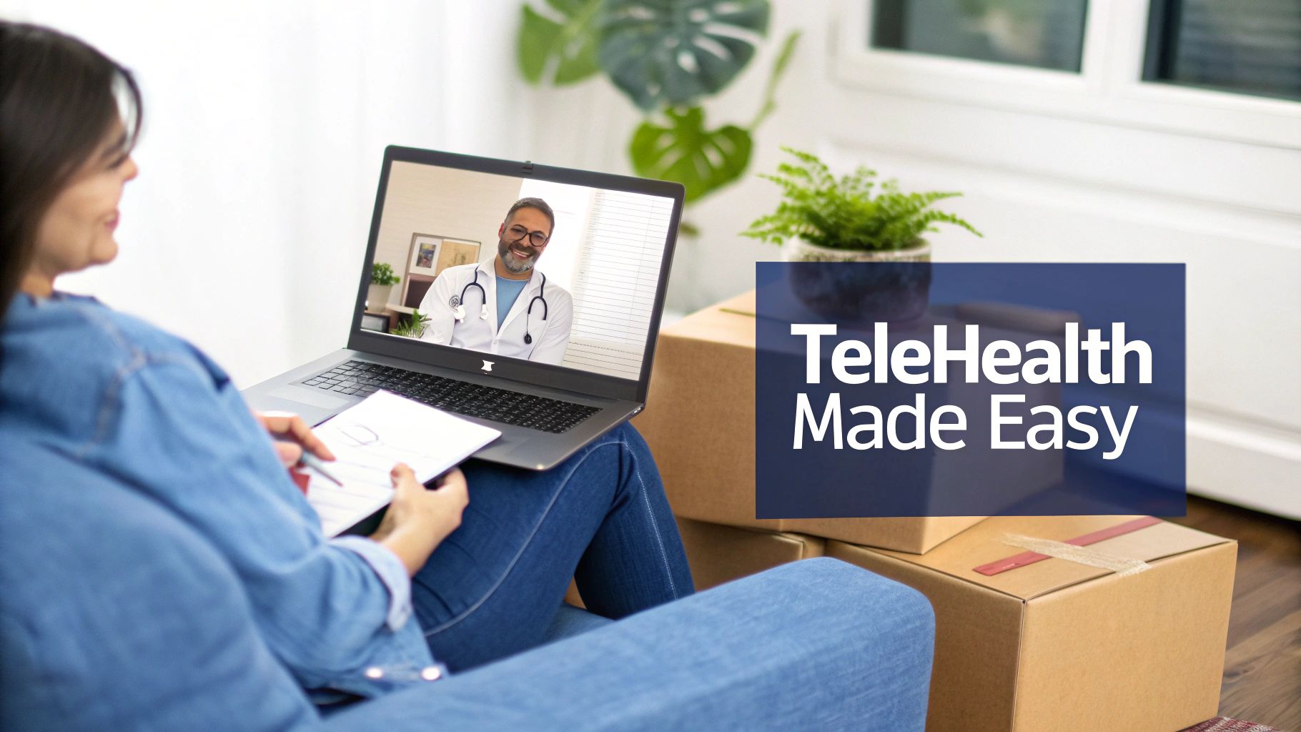 A smiling woman on a couch having a telehealth video call with a male doctor.