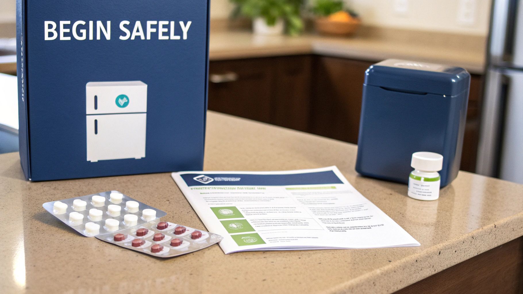 A person inspecting their medication package in a clean kitchen setting.