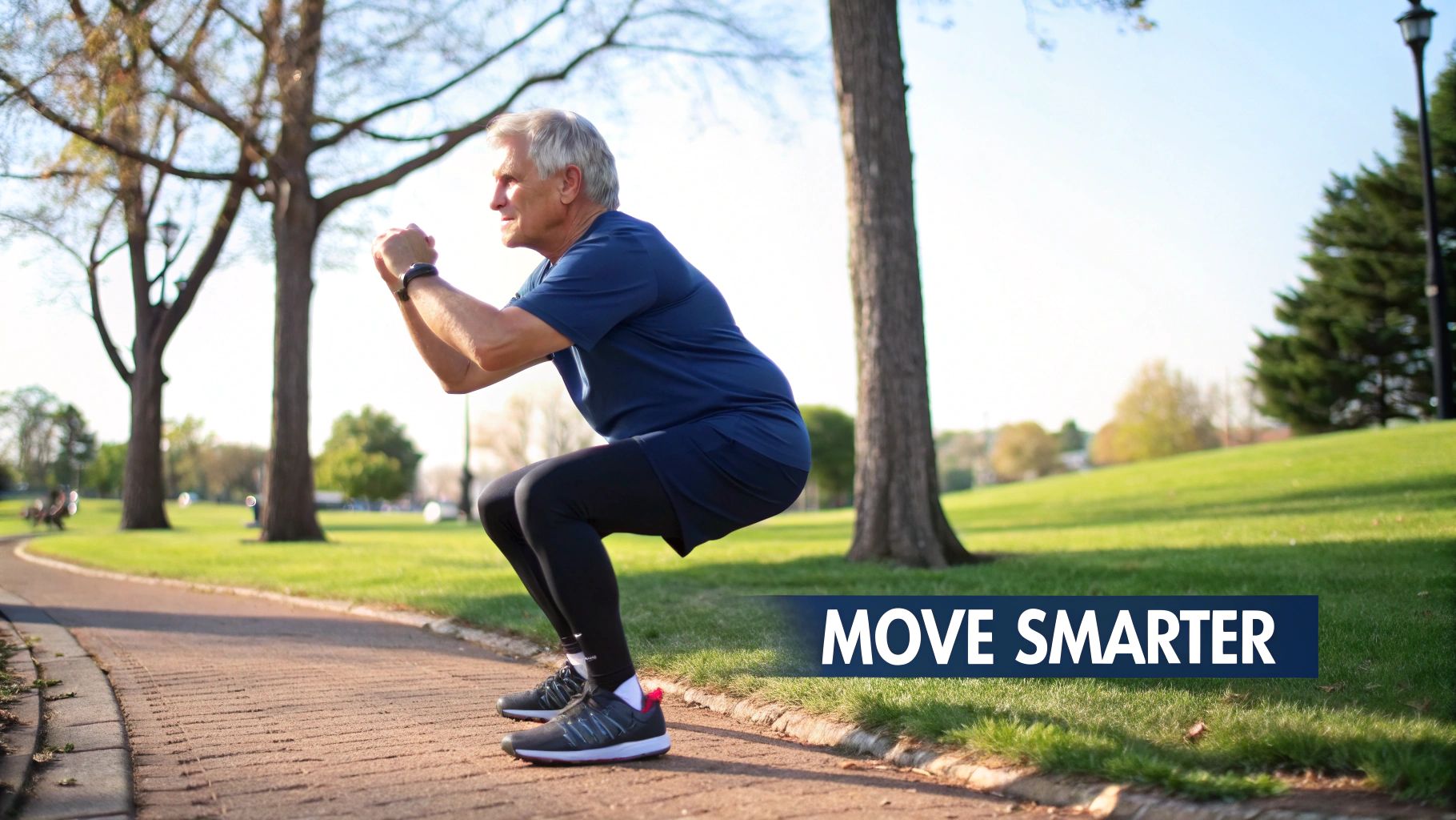 An older man in a park performs a squat exercise on a paved path.