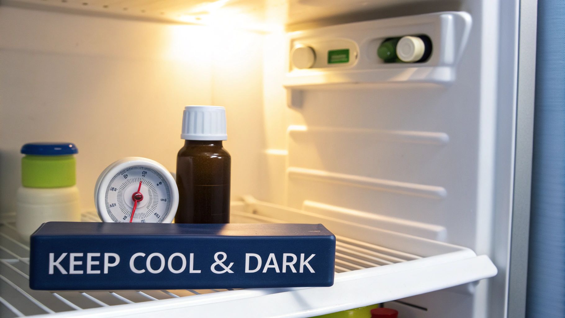 Inside a refrigerator, a thermometer, a medicine bottle, and a box labeled "KEEP COOL & DARK" are visible.