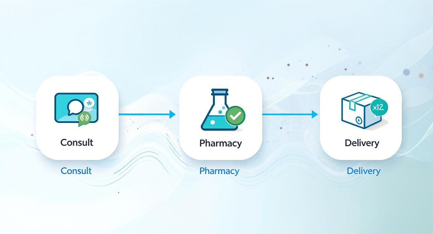 Illustrates a three-step healthcare process: virtual consultation, pharmacy prescription, and home delivery.