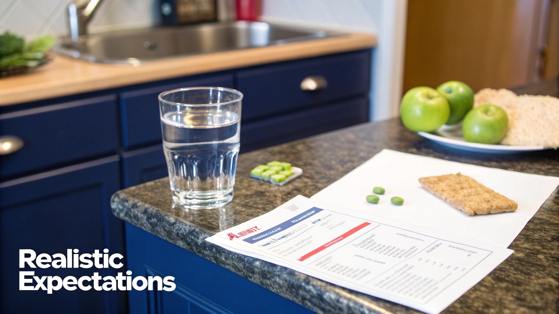 A kitchen counter with water, green pills, apples, crackers, and health program documents.