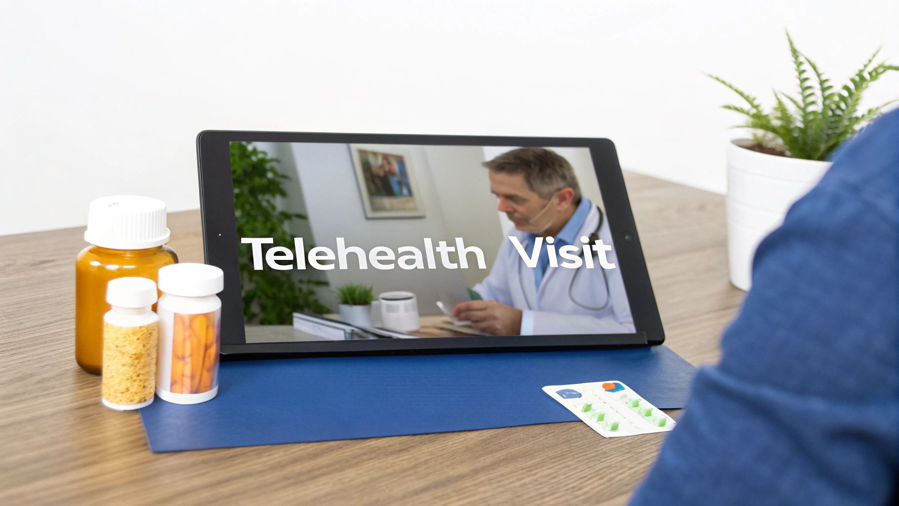 A person having a telehealth visit with a doctor on a tablet, with medicine bottles and pills on the table.