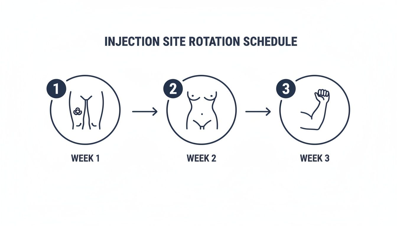 An illustration showing a three-week injection site rotation schedule: thigh, abdomen, and arm.