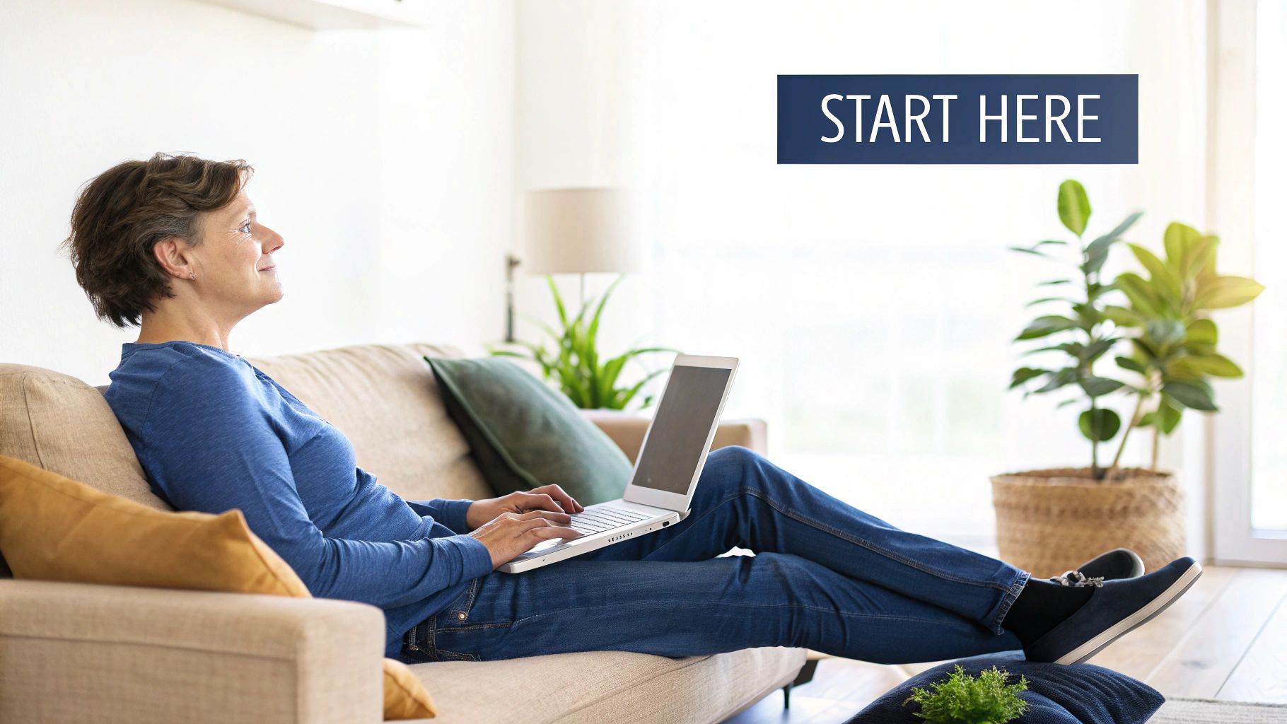 A woman smiles while using her laptop for a telehealth consultation at home.