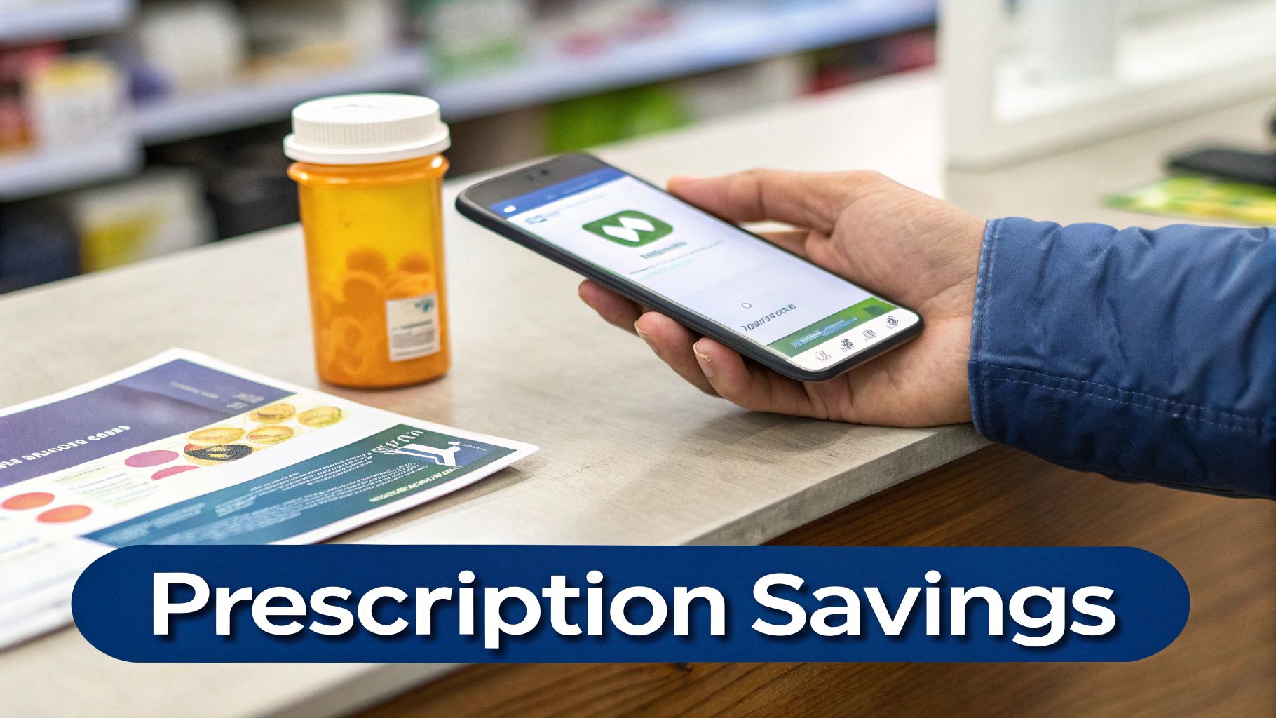 A person uses a smartphone app to find prescription savings, with a pill bottle and brochure nearby.